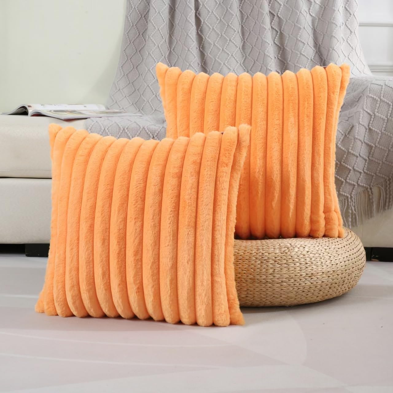 Futei Orange Striped Decorative Throw Pillow Covers 16X16 Inch Set Of 2,Square Winter Decorations Couch Pillow Case,Soft Cozy Fa