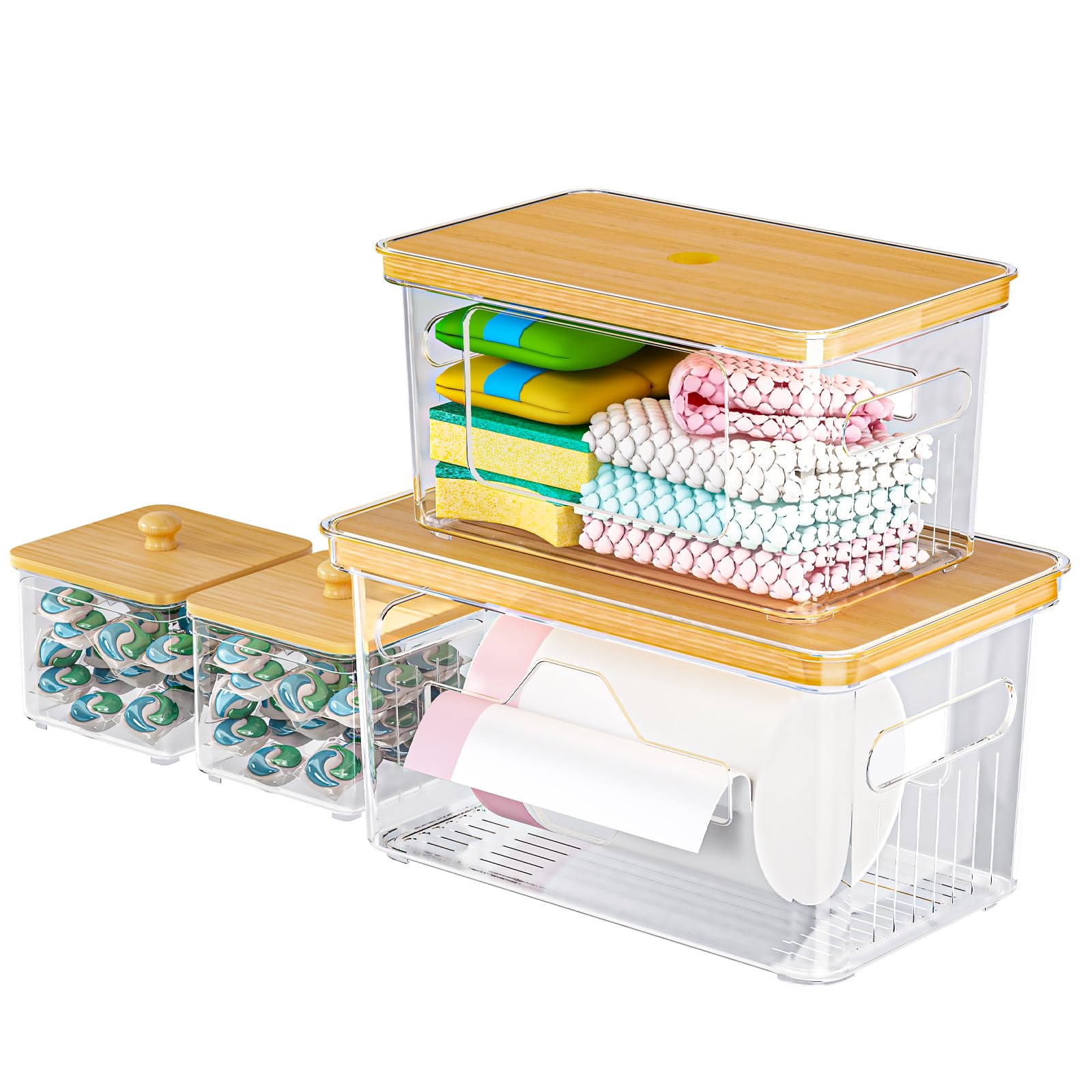 FELIZHOUSE 4 Pack Trash Bag Holder with Bamboo Lid, Stackable Garbage Bag Dispenser Under Sink, Storage Organizer for Kitchen, L