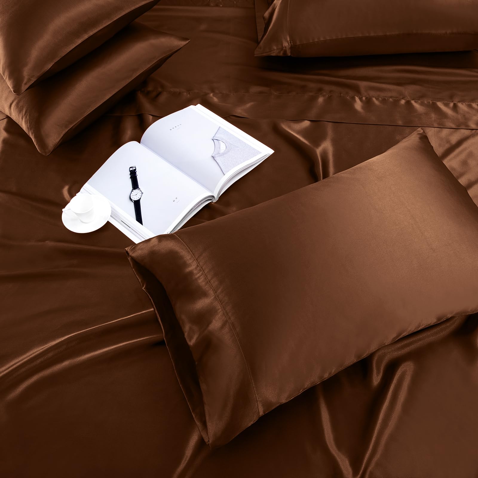 Treely 6 Piece Satin Sheets Queen Size Silky Smooth Brown Satin Sheet Set With Deep Pocket, Satin Fitted Sheet, Flat Sheet, 4 Sa