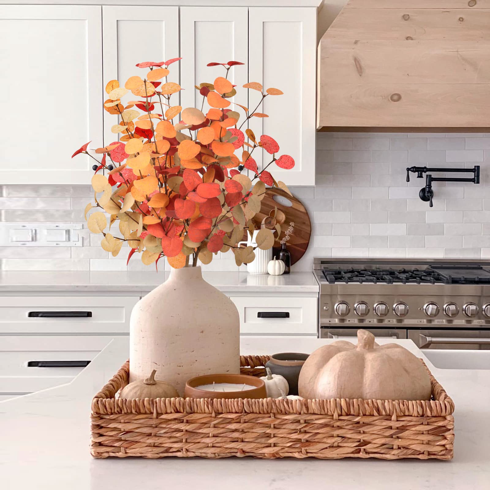 Beferr Fall Eucalyptus Stems Decor, 5Pcs 24'' Faux Eucalyptus Branches Artificial Autumn Plants Decorations Fall Floral Arrangem