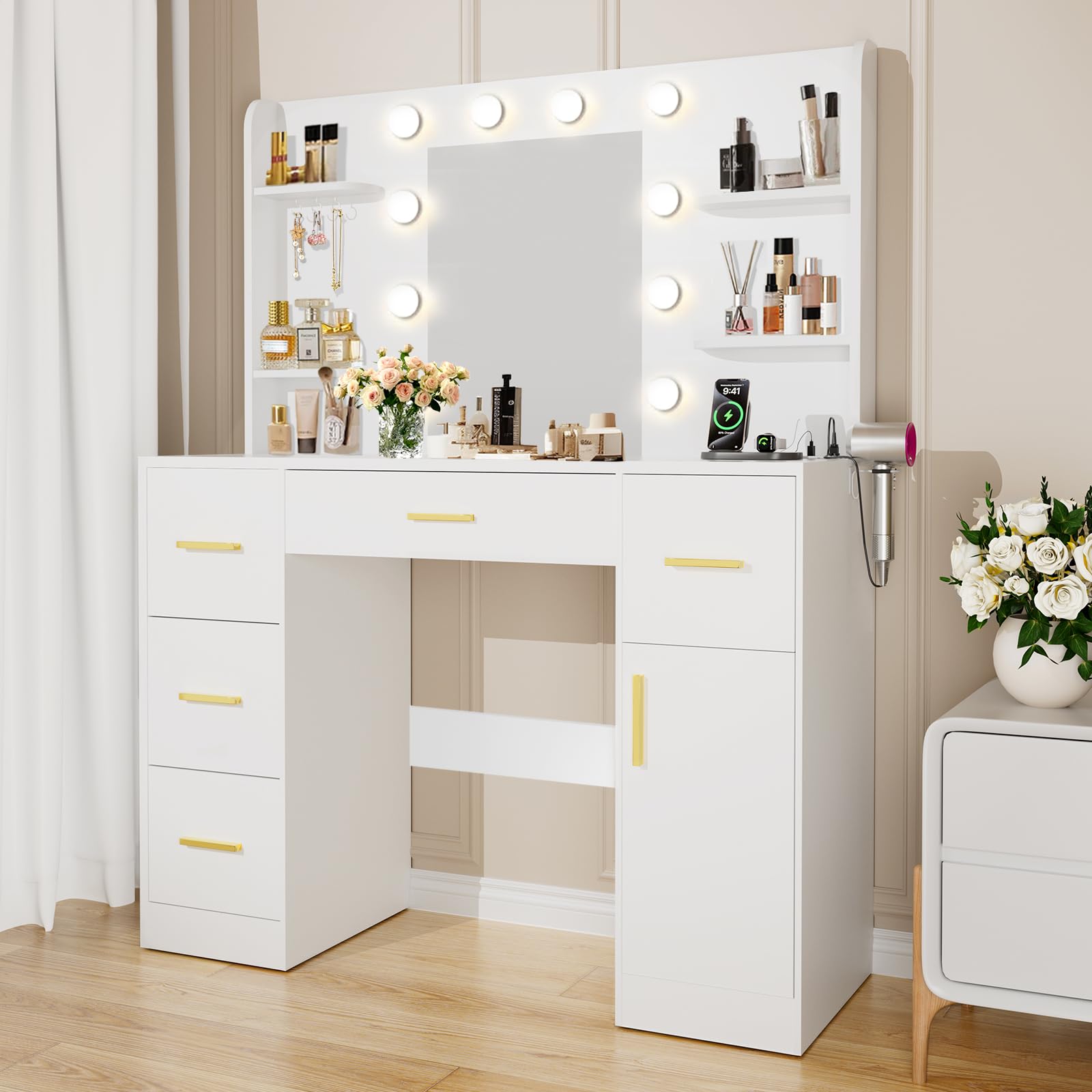 HABIUBIU 45    Vanity Desk with Mirror and Lights,10 Lights 3 Color Modes,Makeup Vanity Desk with 4 Storage Shelves 5 Drawers 1 