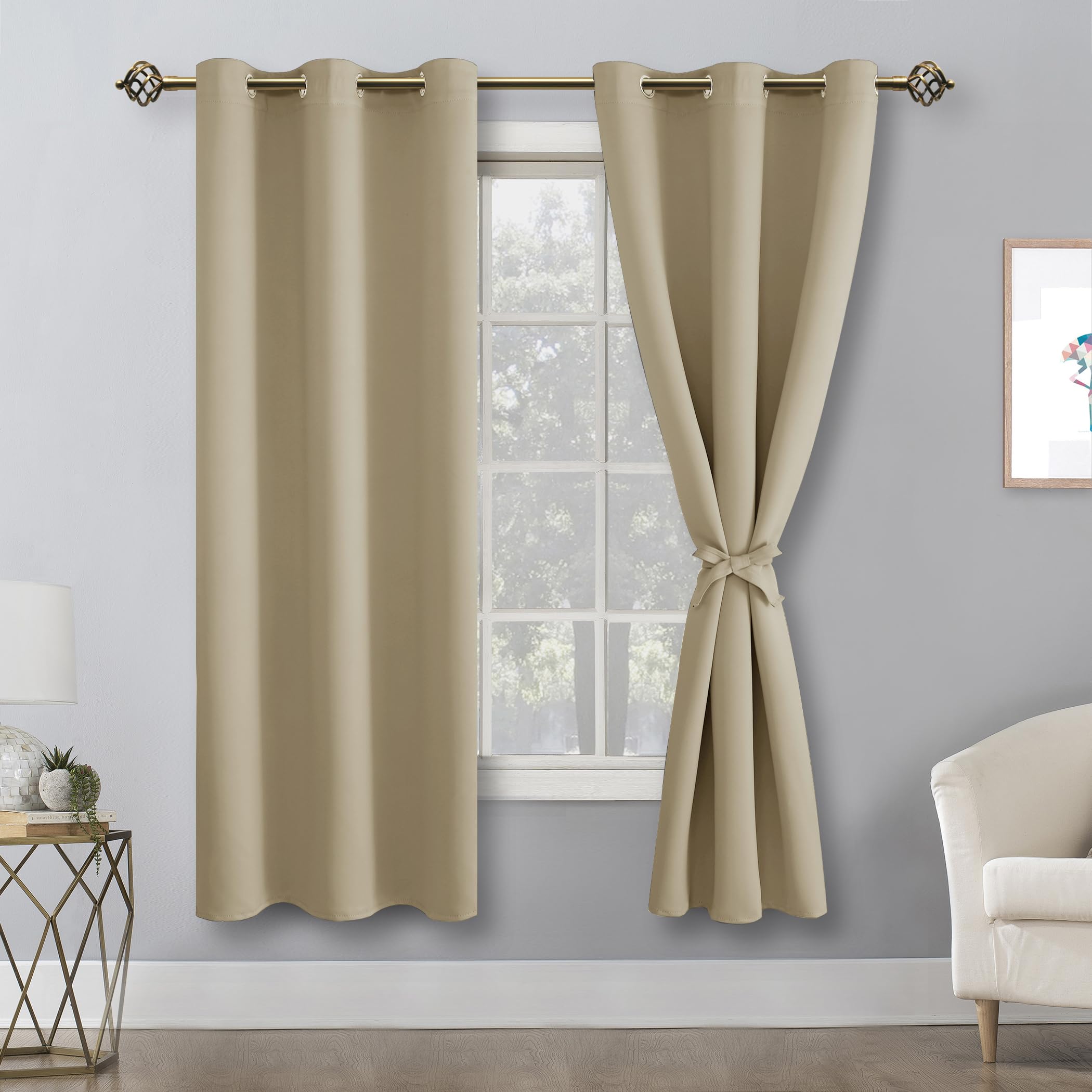 Hiasan Blackout Curtains For Bedroom And Living Room, Light Blocking, Noise Reducing Window Curtain Panels, Tiebacks Included, Set Of 2, Grommet Top (Taupe, Width 38 Inch X Length 72 Inch)