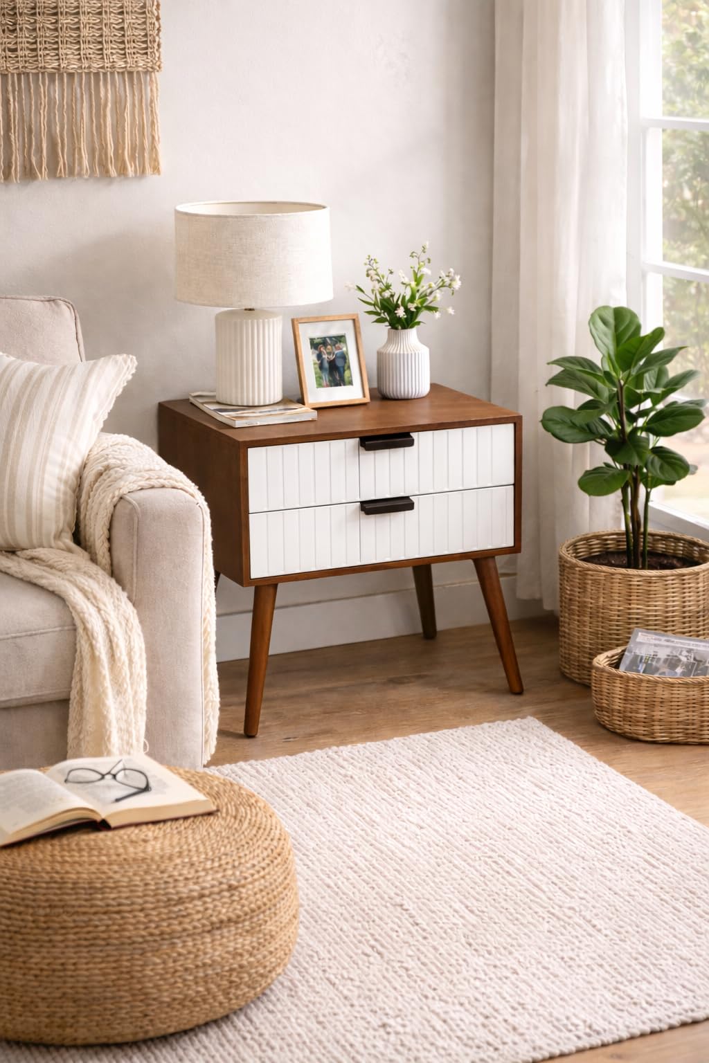 Furnifox End Side Table Solid Wood Legs,For Bedrooms,Bedside Table, Storage Box,2 Drawer Designs,Large Lattice, More Storage Spa