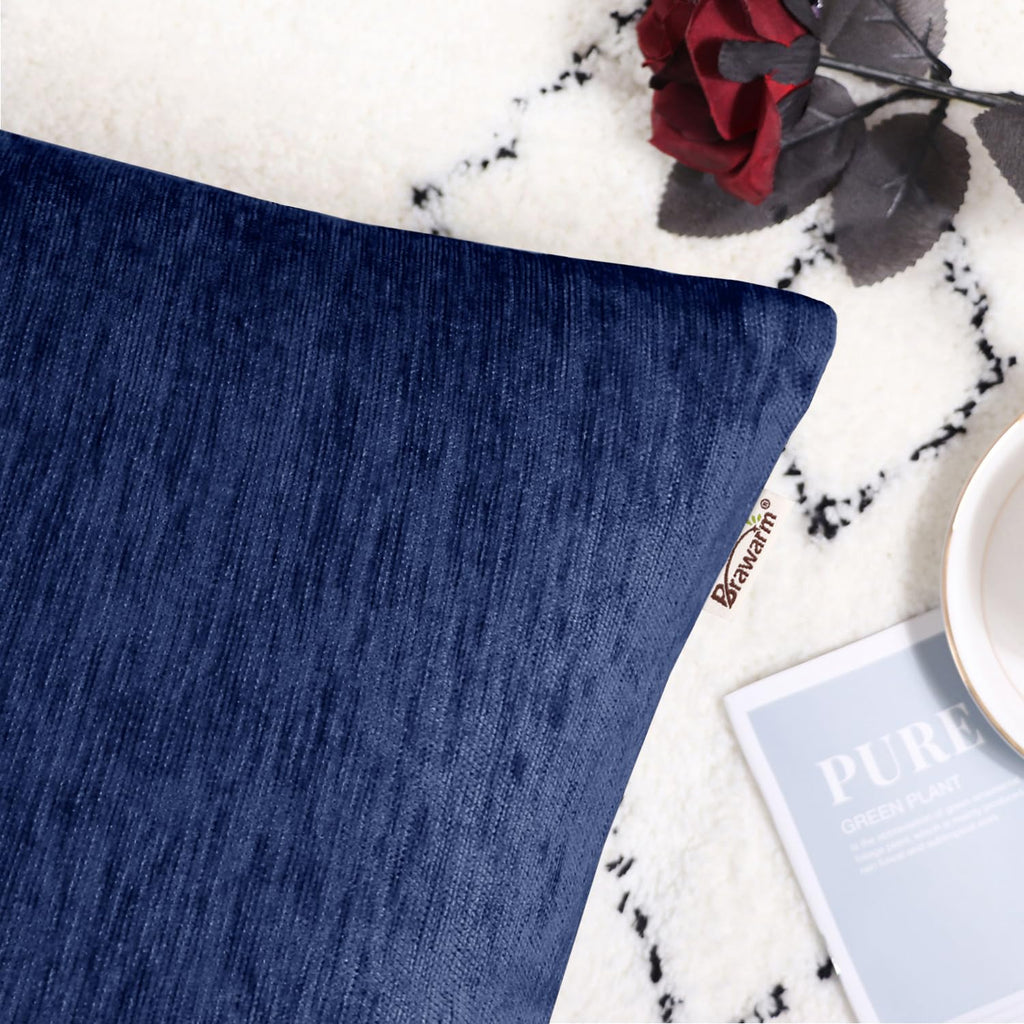 Brawarm Chenille Throw Pillow Covers 22X22 Inches - Navy Blue Chenille Pillow Covers Pack Of 2, Solid Dyed Soft Chenille Pillow