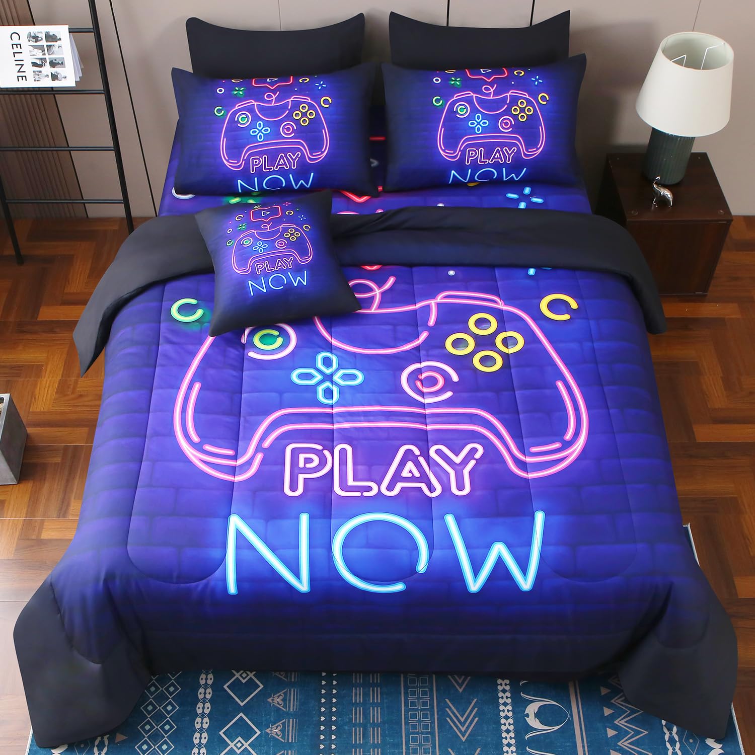 Jqinhome Twin Gamer Comforter Set 6 Piece Bed In A Bag For Boys,3D Neon Light Up Design For Classic Console -All Season Soft Mic