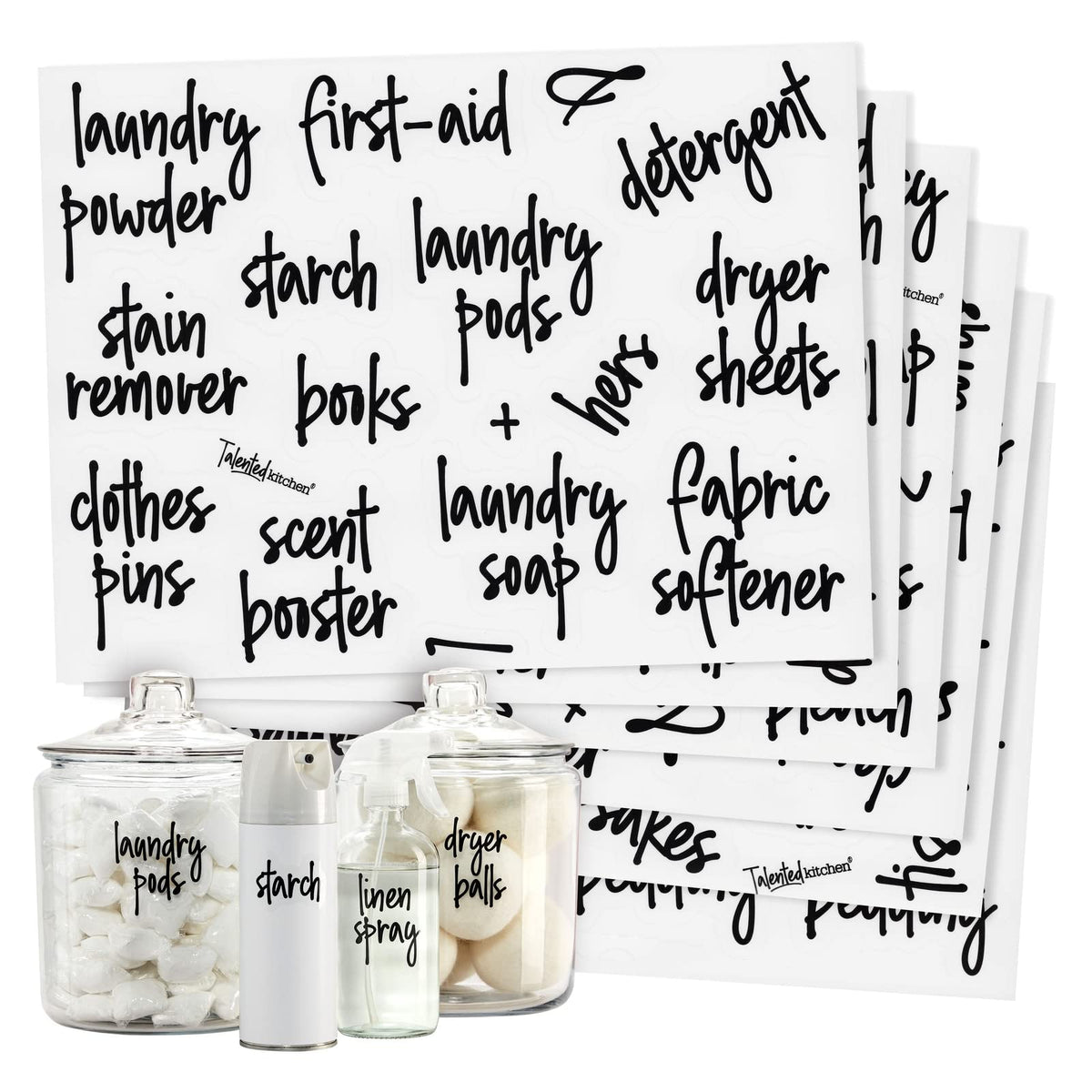 Talented Kitchen 141 Laundry Room Labels for Jars and containers, Preprinted Black Script Stickers for Linen closet, Bathroom Or