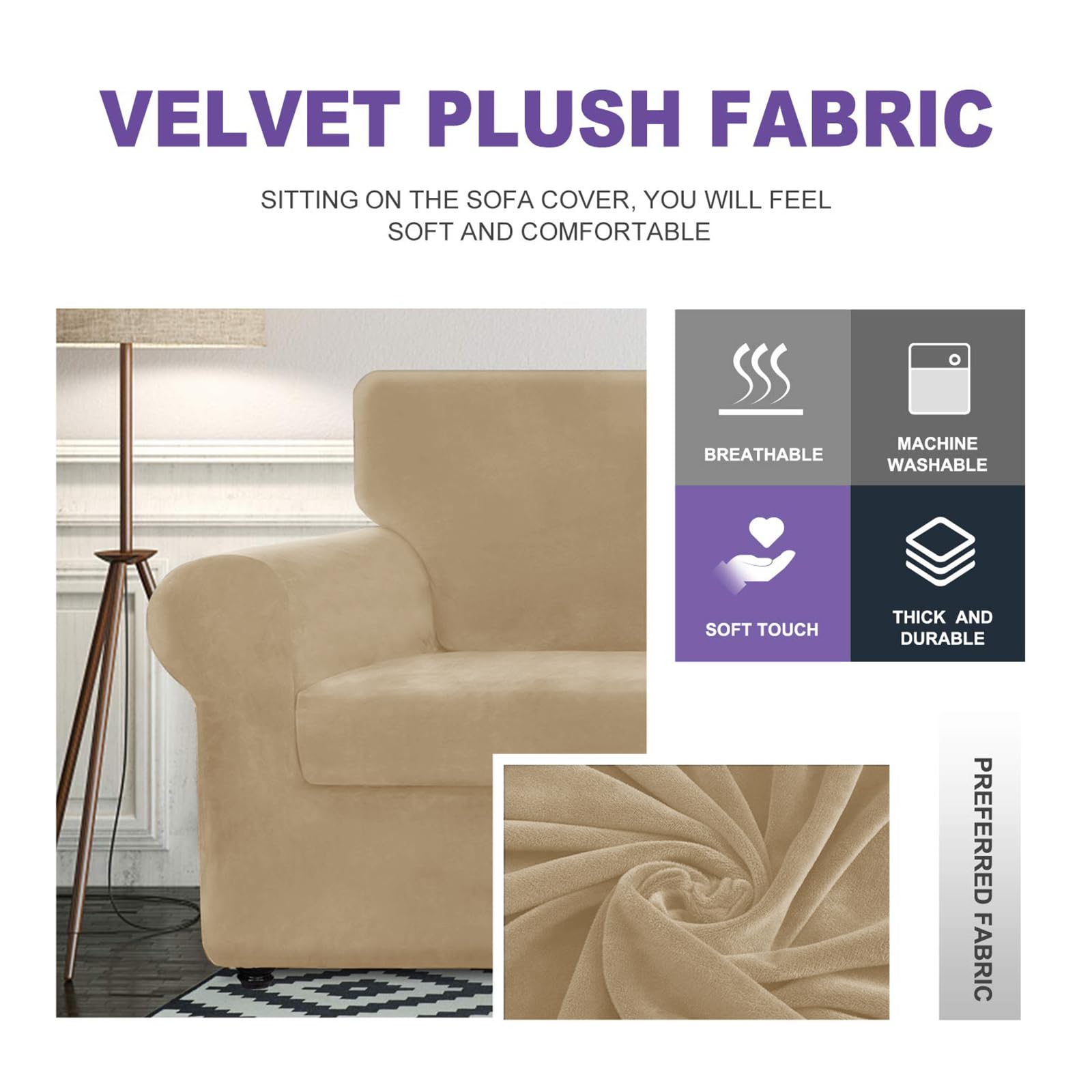 Znsayotx Luxury Velvet Couch Cover 4 Piece Stretch Sofa Covers For 3 Cushion Couch Thick Soft Spandex Sofa Slipcover Living Room Anti Slip Dogs Pet Furniture Protector (Camel), 71'-91'(3 Cushions)
