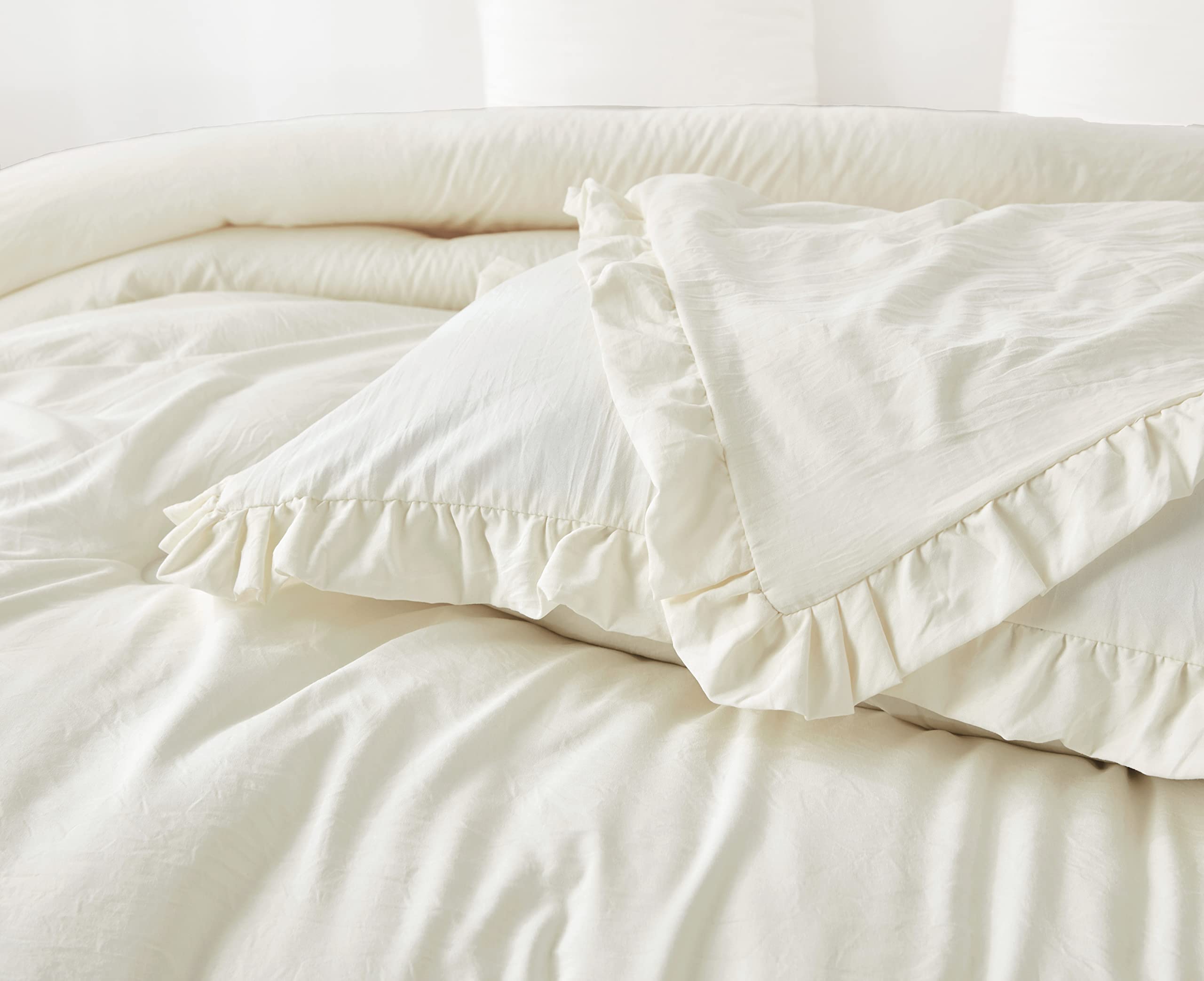 Chezmoi Collection Nora 2-Piece Ruffled Edge Trim Soft Washed Microfiber Comforter Set (Twin, Ivory)