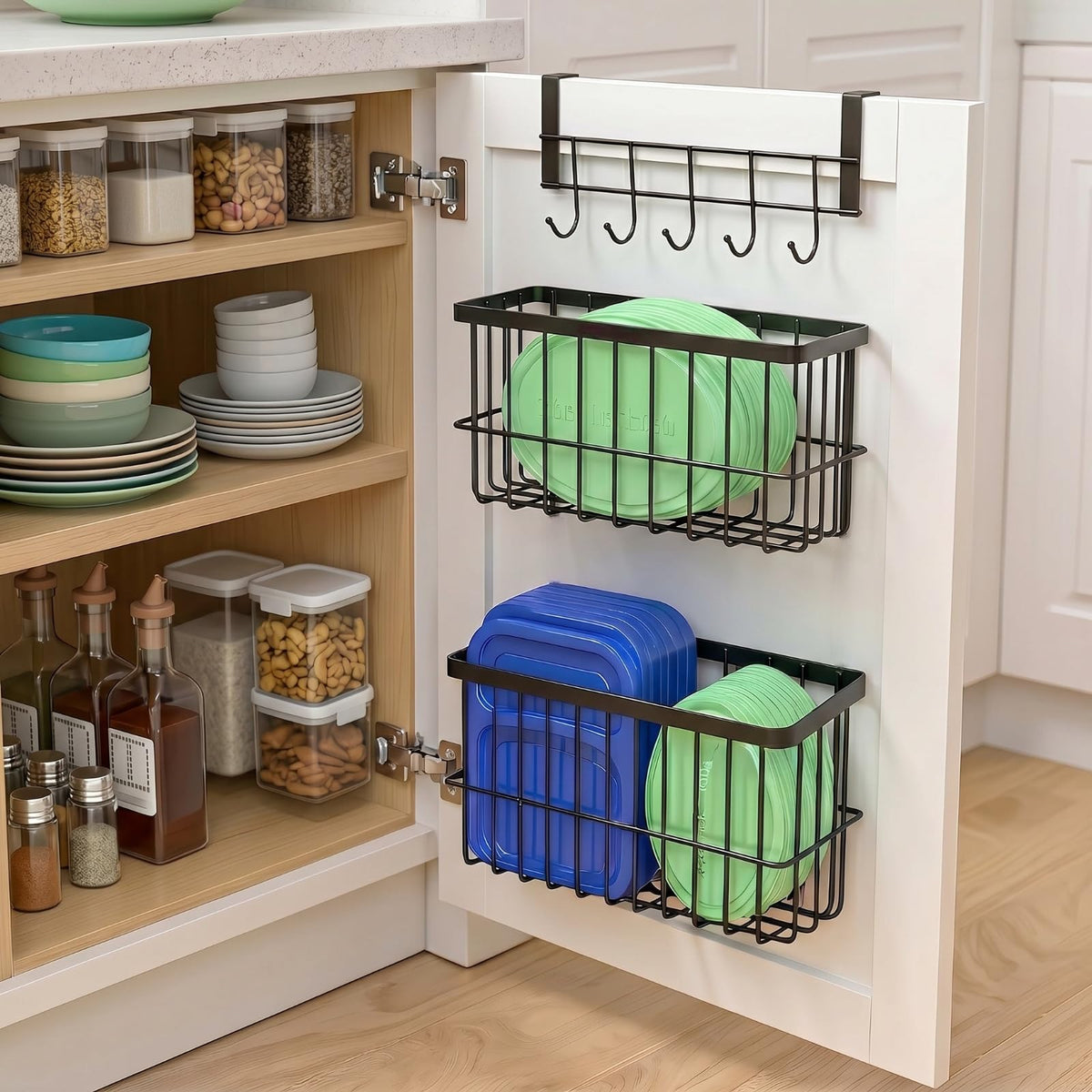WepkZoran Kitchen Wrap Organizer & Lid Storage Organizer for Tupperware, 2 Pack Wall Mounted Cabinet Door Organizer with kitchen