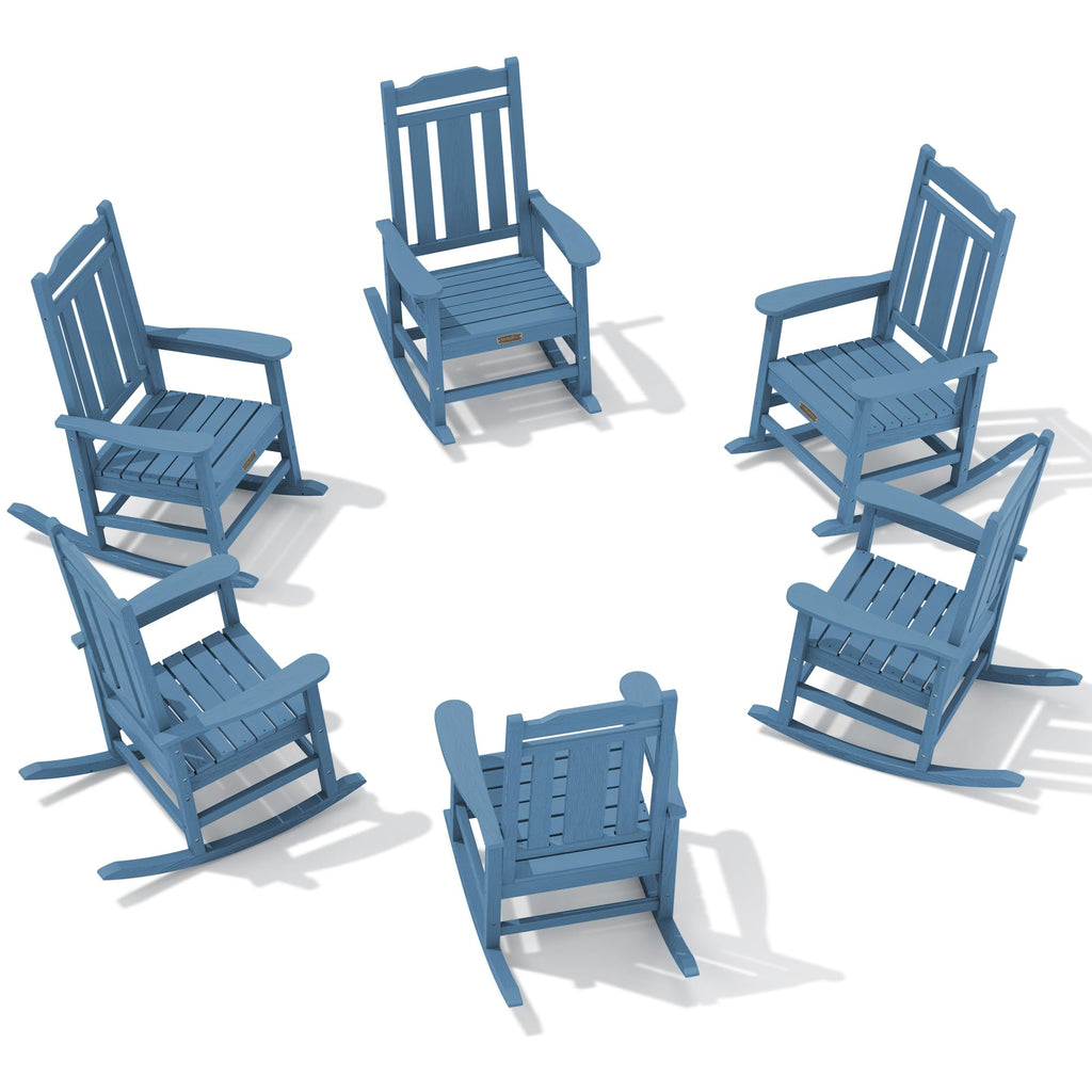Serwall Outdoor Rocking Chair Blue Set Of 6, All Weather Patio Rocking Chair, Hdpe Poly Rocking Chair For Adults, Heavy Duty Front Porch Rocker