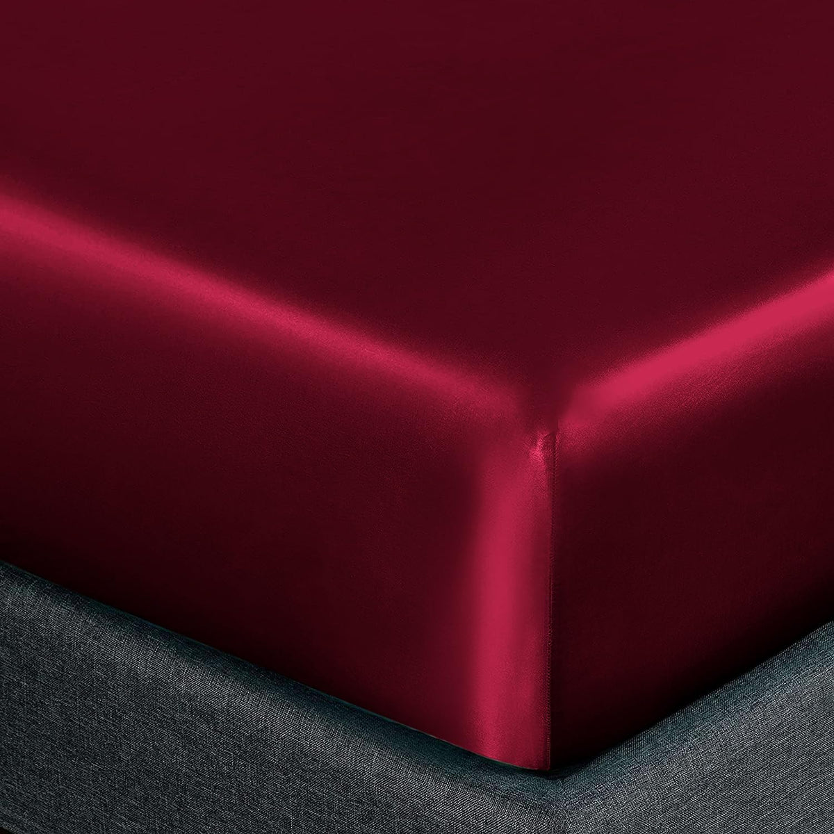 Homiest Burgundy Satin Fitted Sheet King Size Fitted Bed Sheet, Deep Pocket Fitted Sheet Only, Luxury & Ultra Soft Bedding Fitted Sheet Single Bottom Bed Sheets Sold Separately