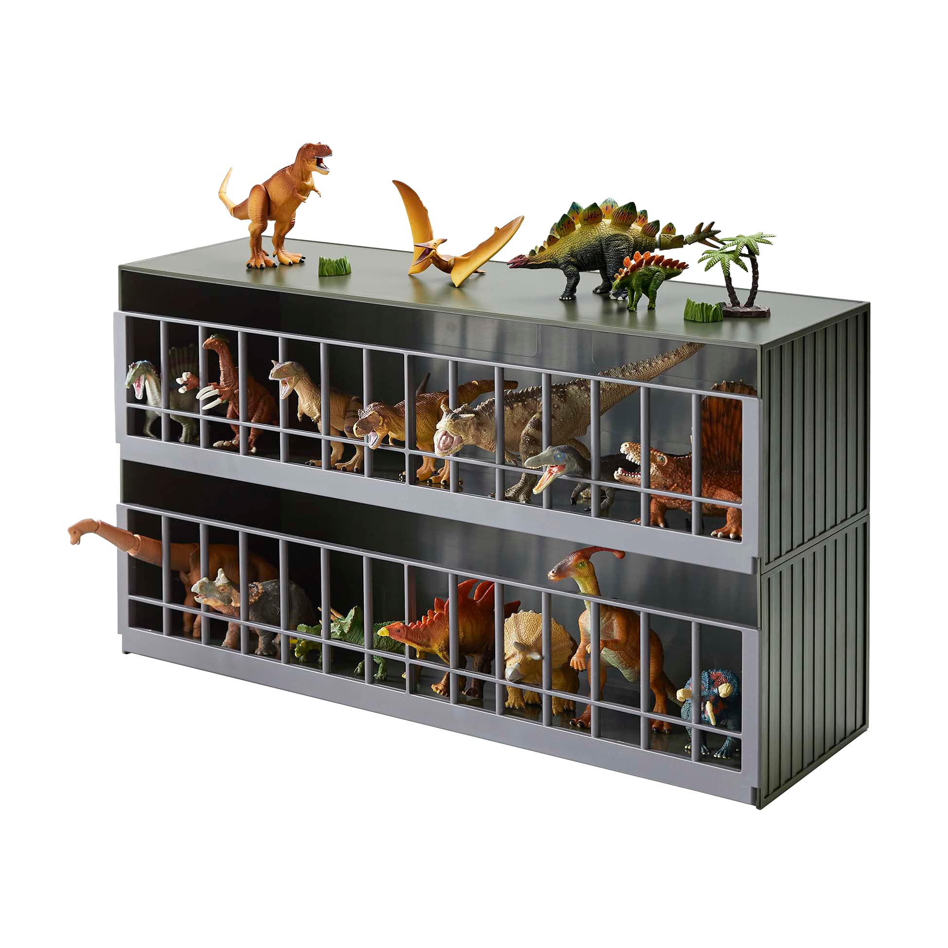 Yamazaki Home Two-Tier Toy Dinosaur and Animal Display Storage Rack, Childrens Toy Bin Organizer Box, Plastic, Stackable, No As