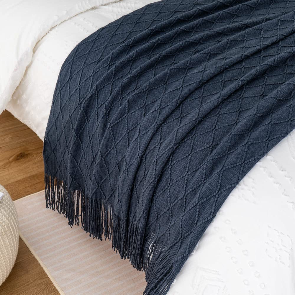 Battilo Home Navy Blue Throw Blanket With Fringe, Geometric Bed Blue Throws, Spring Decorative Large Throw For Couch Sofa Indoor