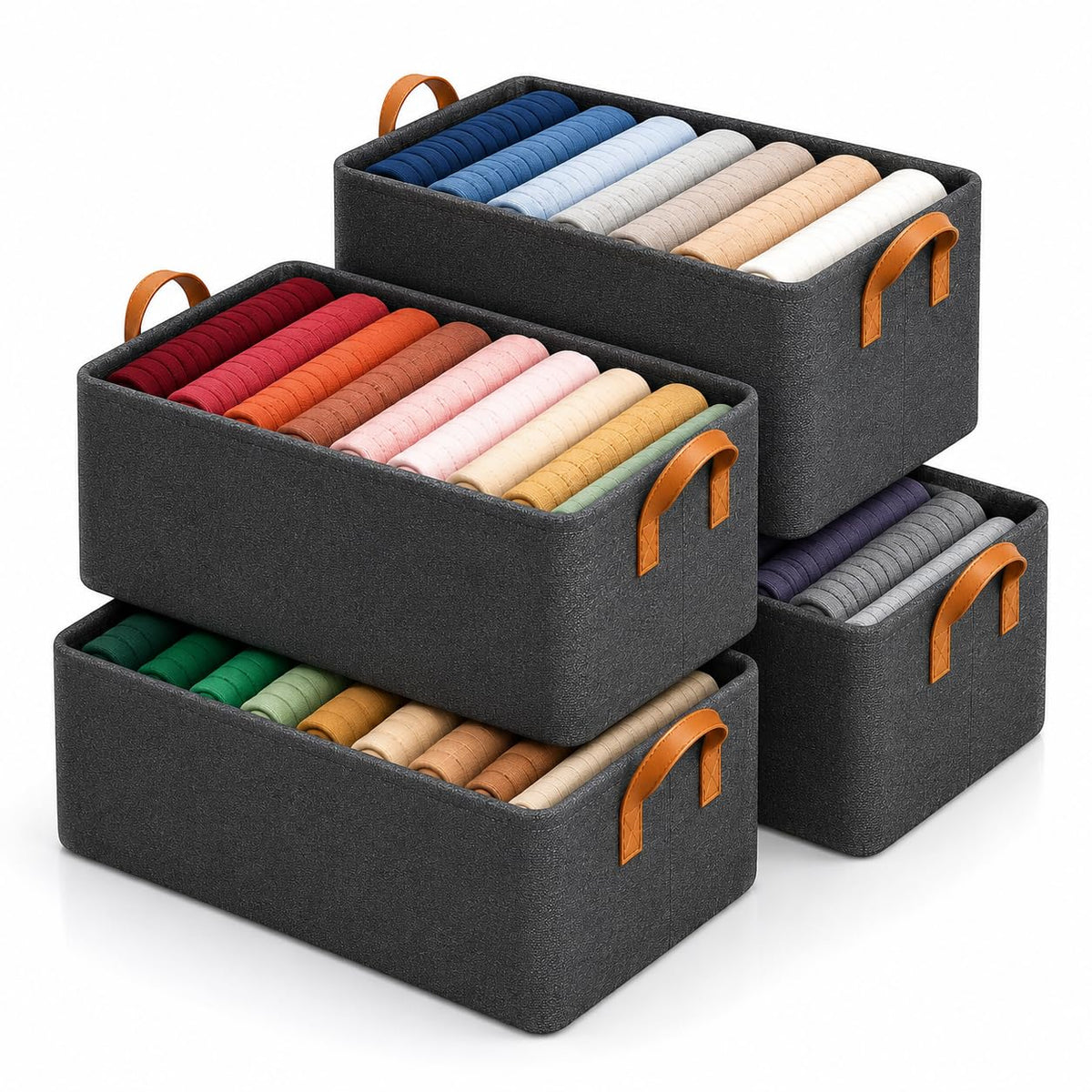 VCHOICE 4 Pcs Wardrobe Organizer for Clothes with Metal Frame Rectangle Storage Baskets for Clothing Fabric Storage Box with Han