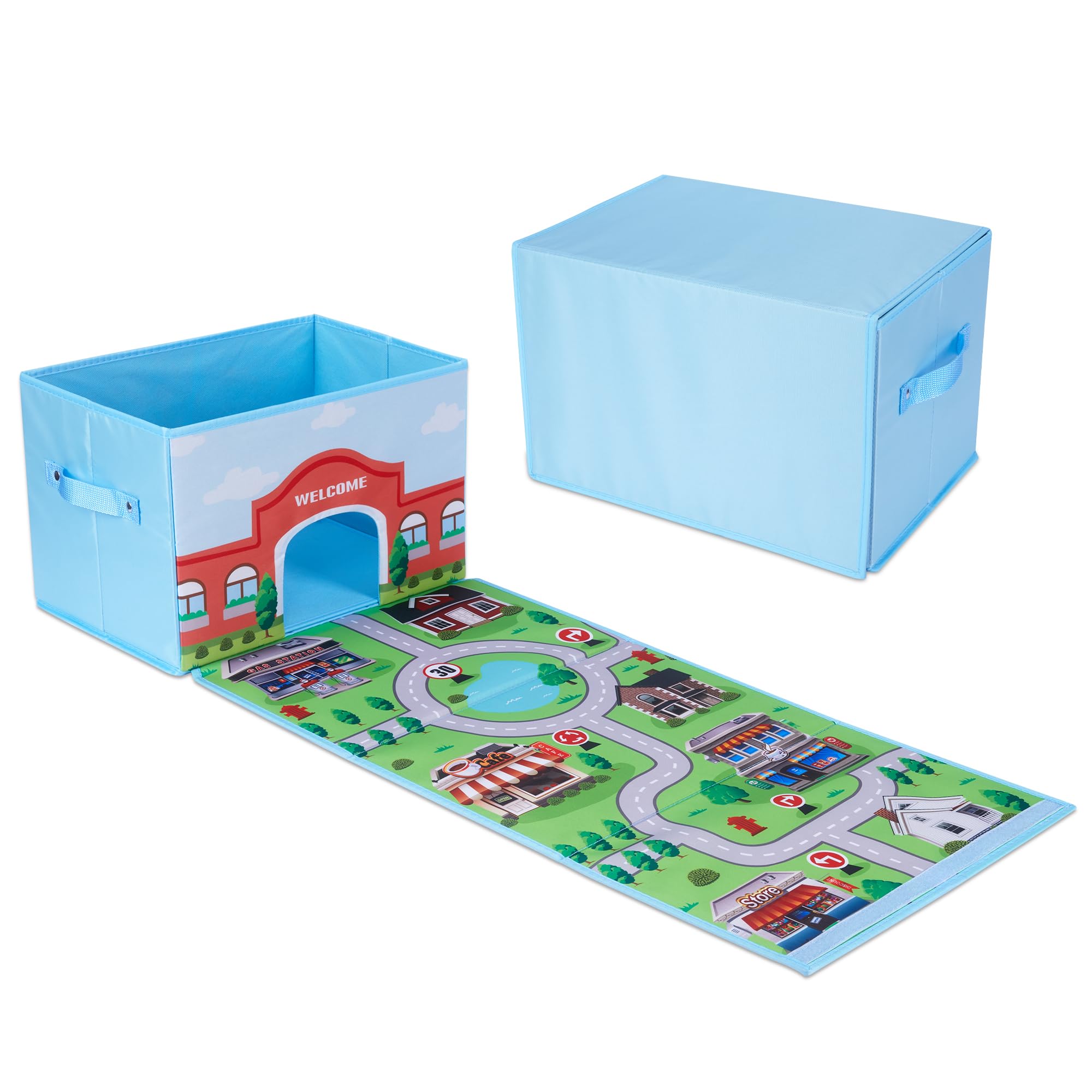 SAM AND MABEL Toy Cars Garage Box - Toy Storage Box with Car Rug Play Mat, Collapsible Storage Organizer for Boys and Girls (GoP