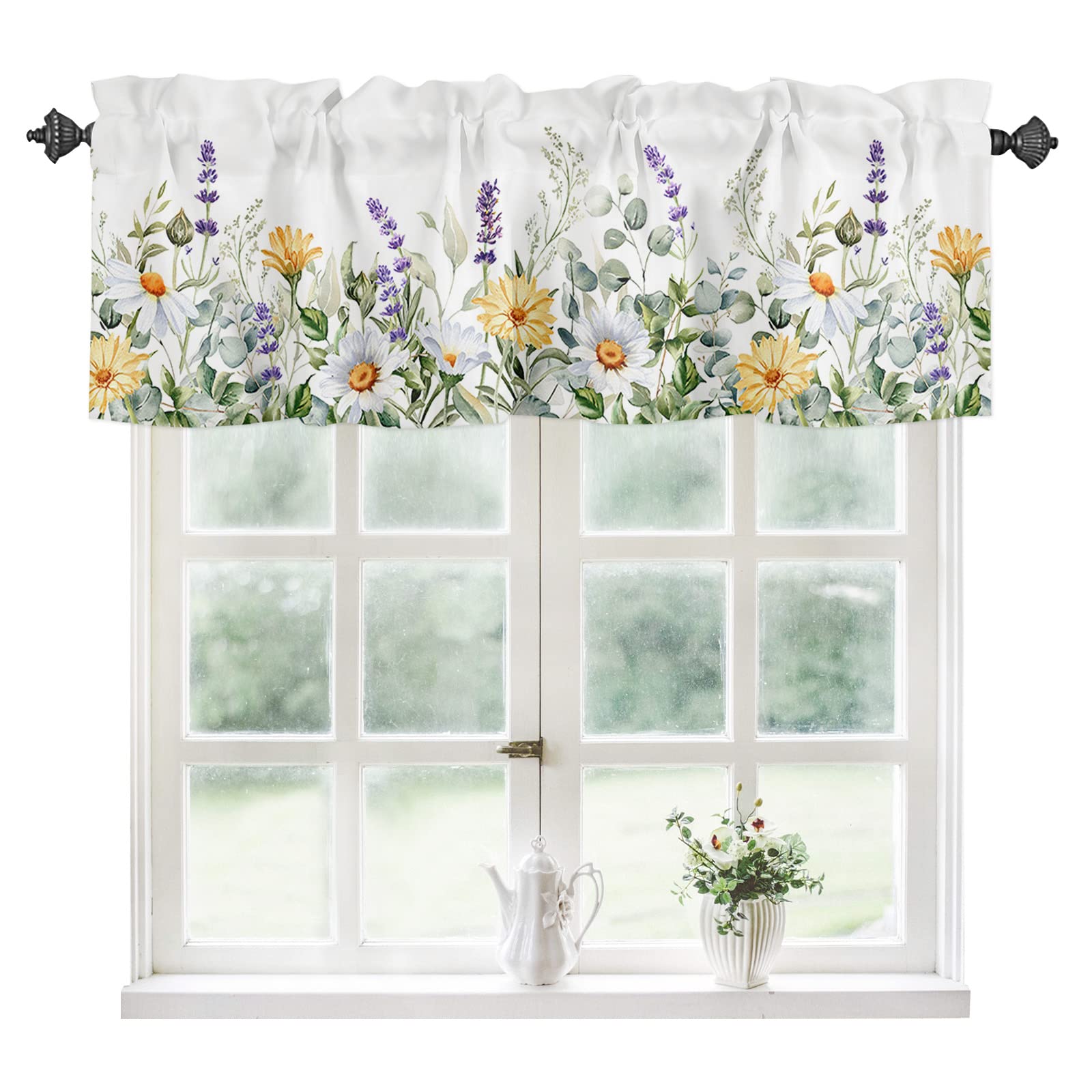 Yokou Kitchen Curtain Valance, Lavender Daisy Flower Eucalyptus Leaves Watercolor Floral Spring Short Rod Pocket Window Curtain