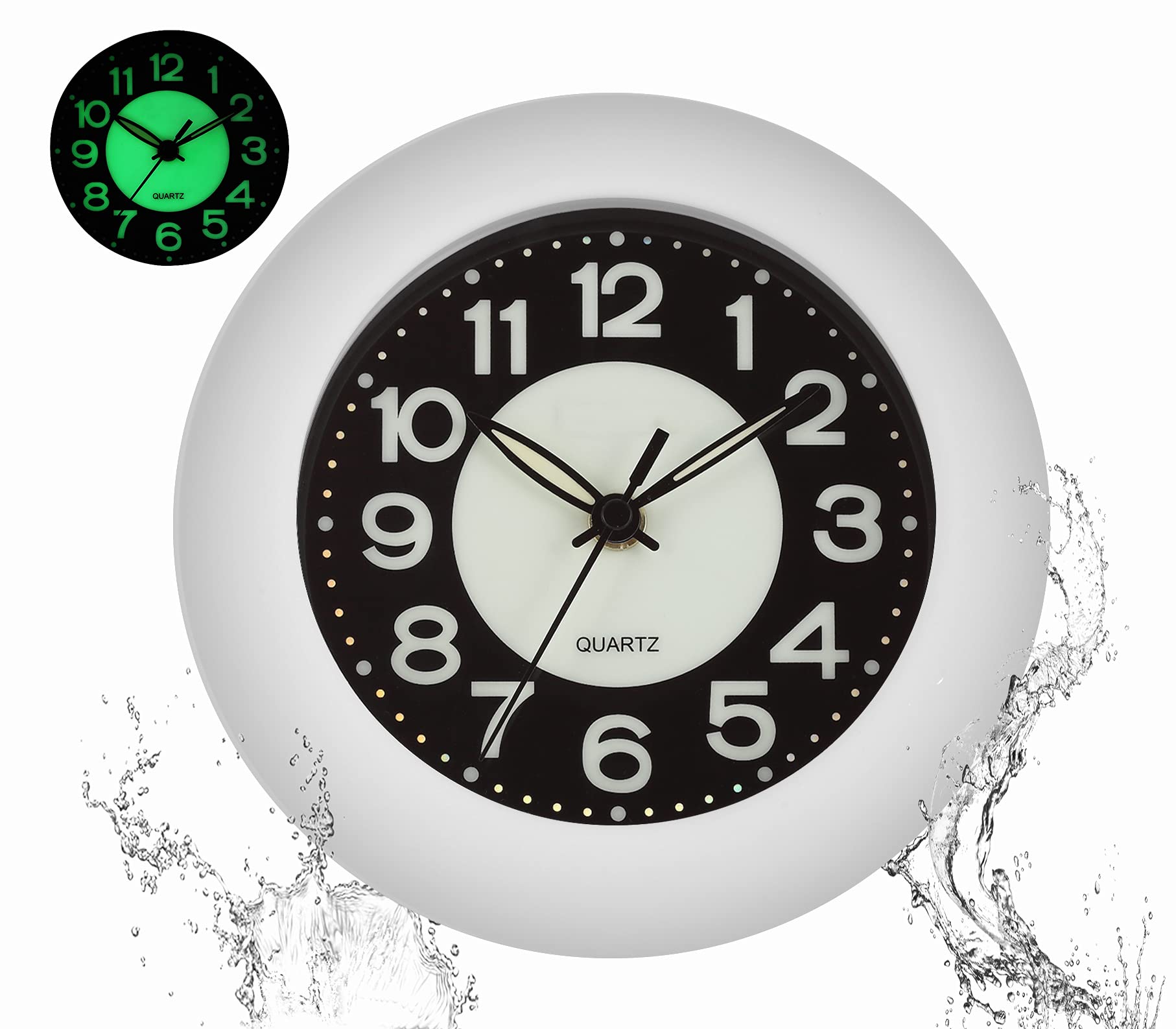 LXSZRPH Shower Clock Luminous Bathroom Wall Clock?Waterproof for Water Spray? Battery Powered, Non Ticking Silent Analog Clocks 