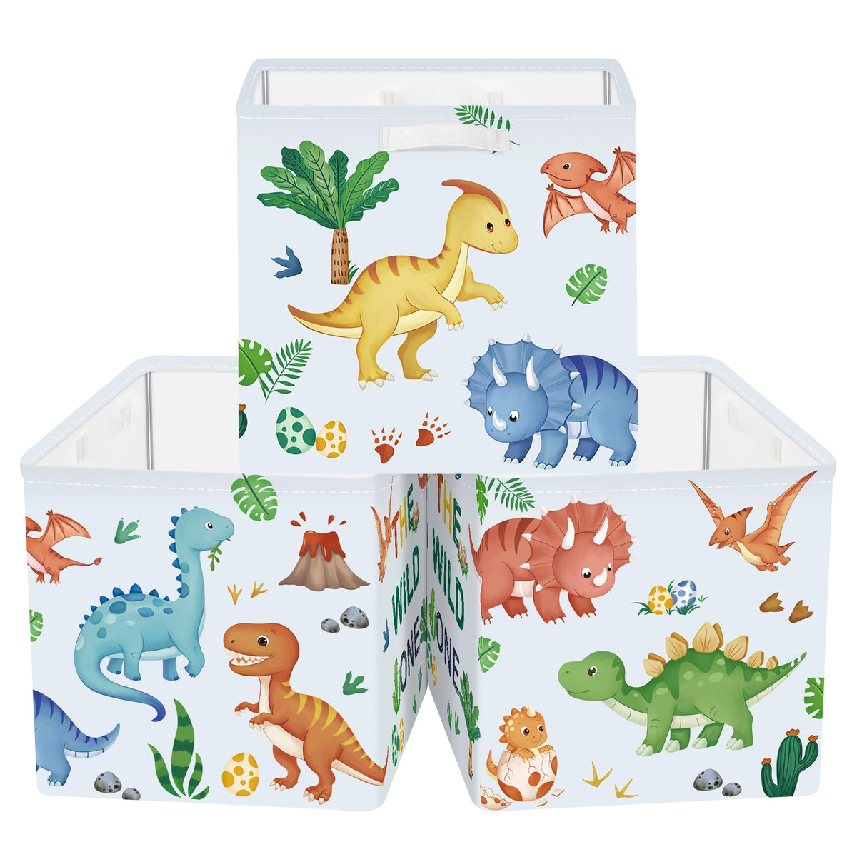 HUUMONSS 11.8 Boho Dinosaurs Cube Storage Organizer Set 3Pcs Palms Eggs Cube Storage Bin for Bathroom/Bedroom Kid Book Toy Ches