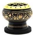 Govinda - Small Decorated Brass Charcoal Screen Incense Burner with Wooden Coaster