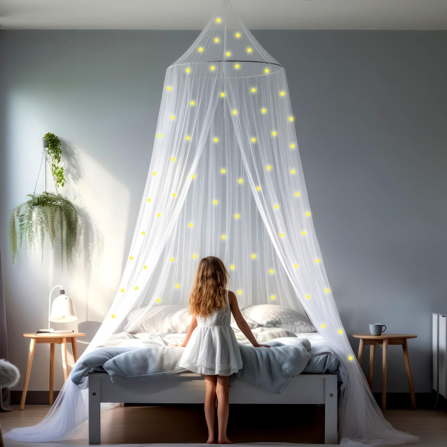Canopy For Girls Bed With Pre-Glued Glow In The Dark Stars - Princess Mosquito Net Room Decor - Kids & Baby Bedroom Tent With Ga