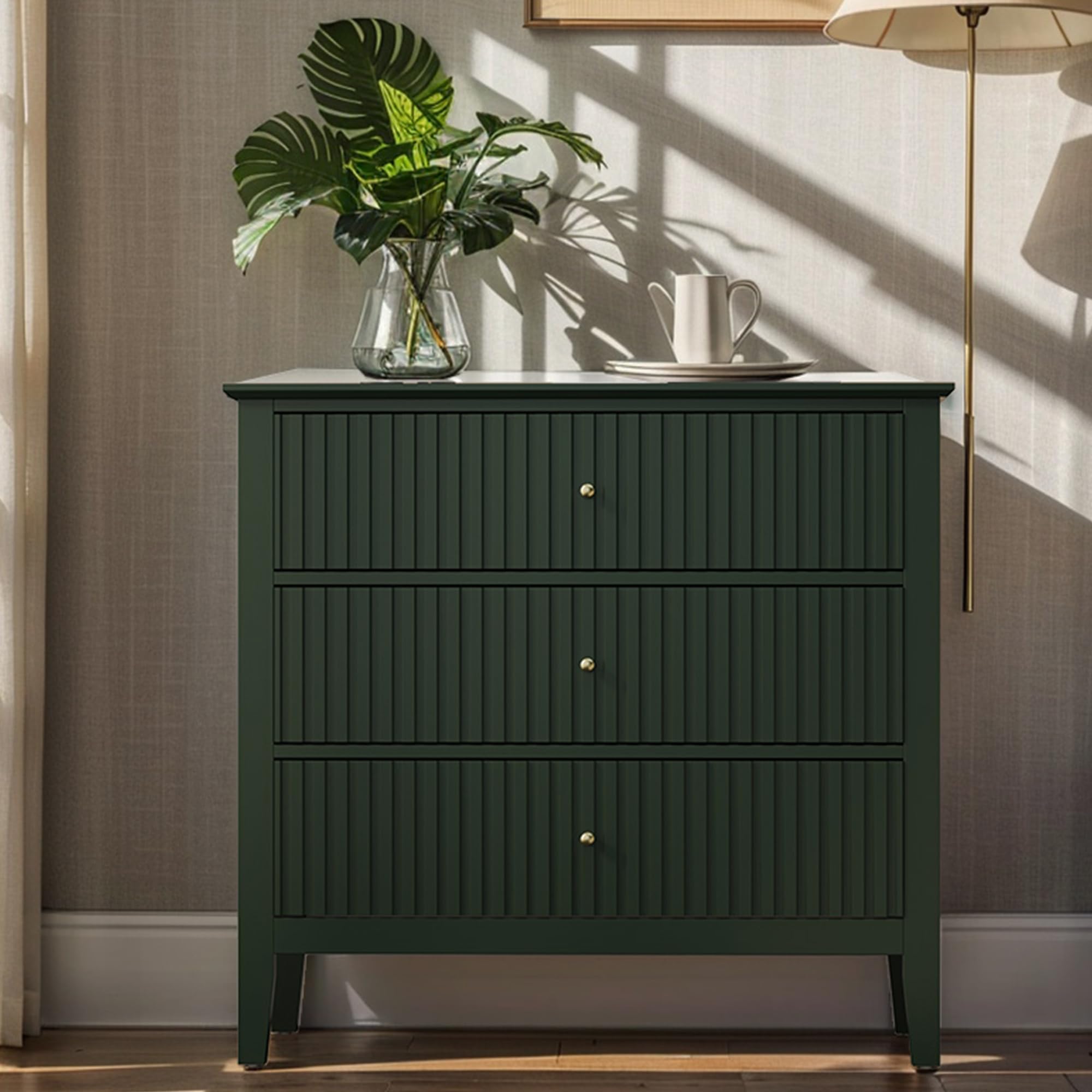 May in Color Green 3 Drawer Dresser, Painted 30 Inch Tall Wood Nightstand with Storage, Wide Modern Chest of Drawers with Ball B