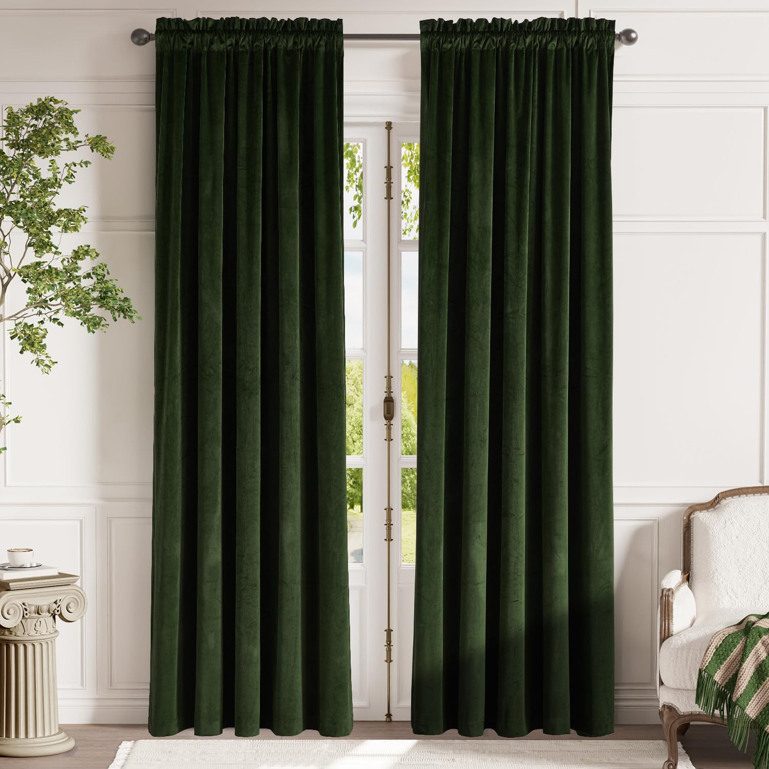 Lazzzy Green Velvet Curtain Thermal Insulated Curtains 90 Inch Long Drapes For Bedroom Living Room Darkening Window Treatments Rod Pocket, Set Of 2, Moss Green