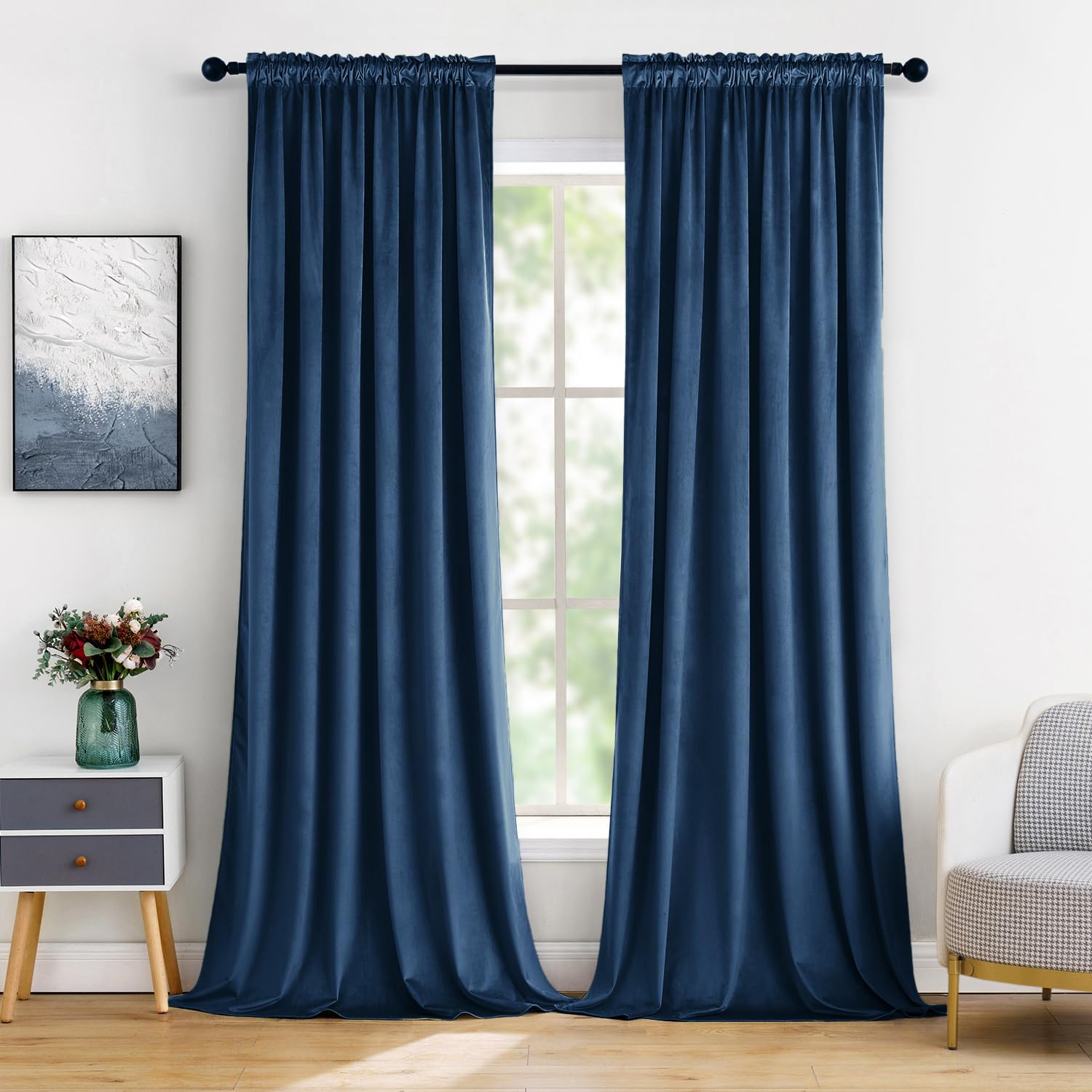 Miulee Velvet Blackout Curtains Navy Blue Thermal Insulated Drapes For Bedroom Living Room Darkening 84 Inches Long Curtains Panels Rod Pocket Set Of 2