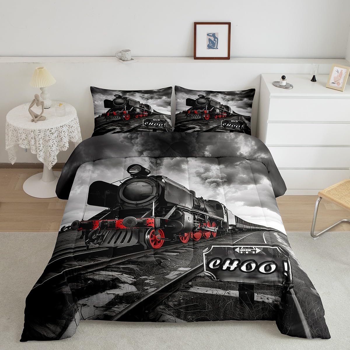 Retro Train Boys Bedding Set Queen Size,Black Red Old Train Car Comforter Set Rail Transportation Vehicles Quilt Set For Kids Gi