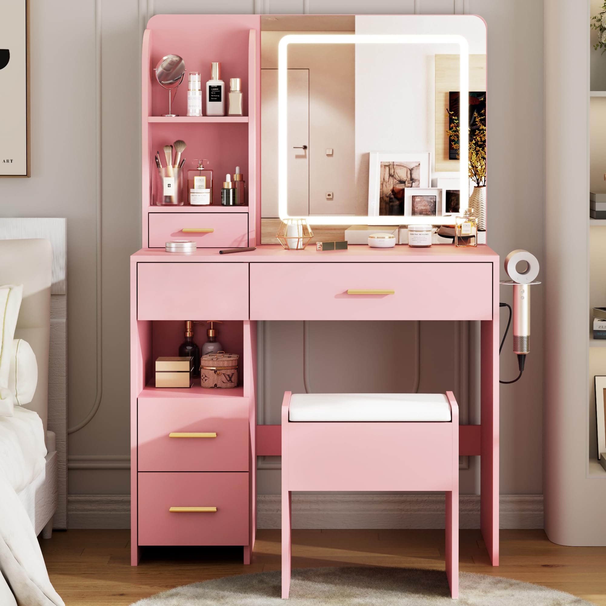 Otterease Vanity Desk with Mirror and Lights, Makeup Vanity Desk with 5 Large Drawers and 3 Lighting Colors, White Vanity with S