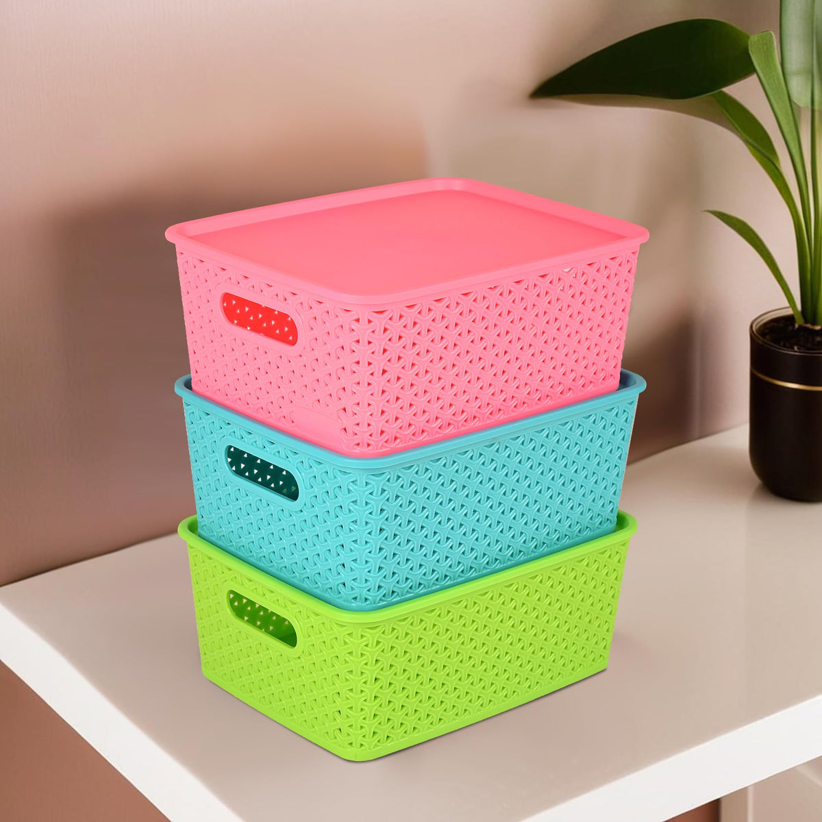 Kuber Industries 3 Pcs Stackable Plastic Storage Box with Lid | H3 MultiPurpose Basket for Storage  Ideal Home Organizers for 