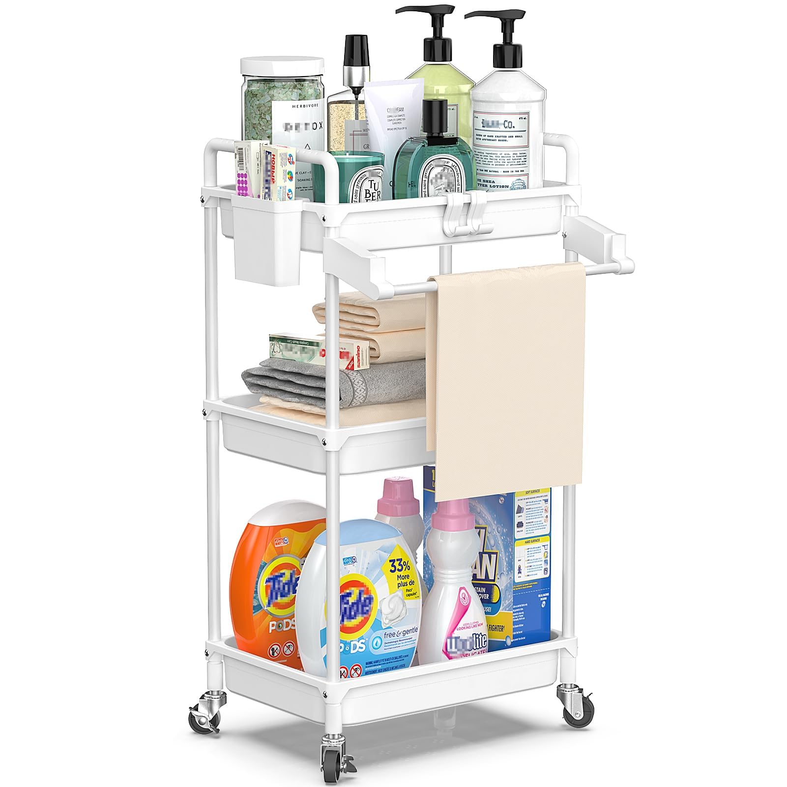 SPACEKEEPER Rolling Storage Cart, 3 Tier Utility Cart Laundry Room Organization Mobile Shelving Unit Bathroom Organizer with Tow