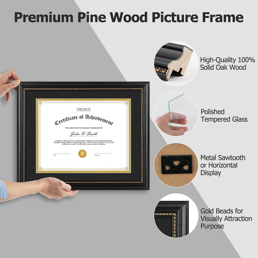 Golden State Art, 8.5X11 Diploma Frame, Solid Wood Black With Gold Trim Certificate Frame, 8.5X11 Inch Or 11X14 Diploma Without