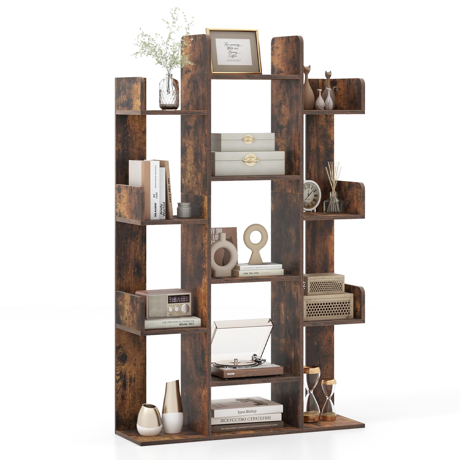 Giantex 7-Cube Tree Bookshelf, 55.5 Wooden Bookcase with 13 Open Shelves, Tall Corner Books Storage Organizer, Freestanding Deco