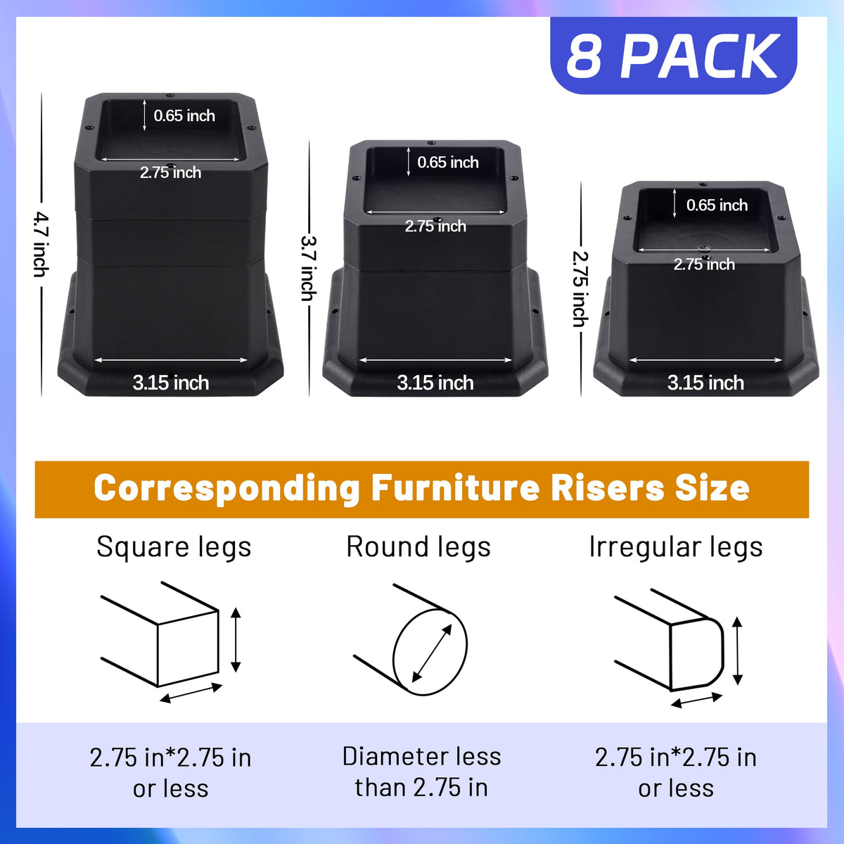 Btsd-Home Furniture Risers 3 Inch Bed Risers Heavy Duty Adjustable Dorm Bed Lifts Risers Table Desks Legs Blocks 8 Pack Black