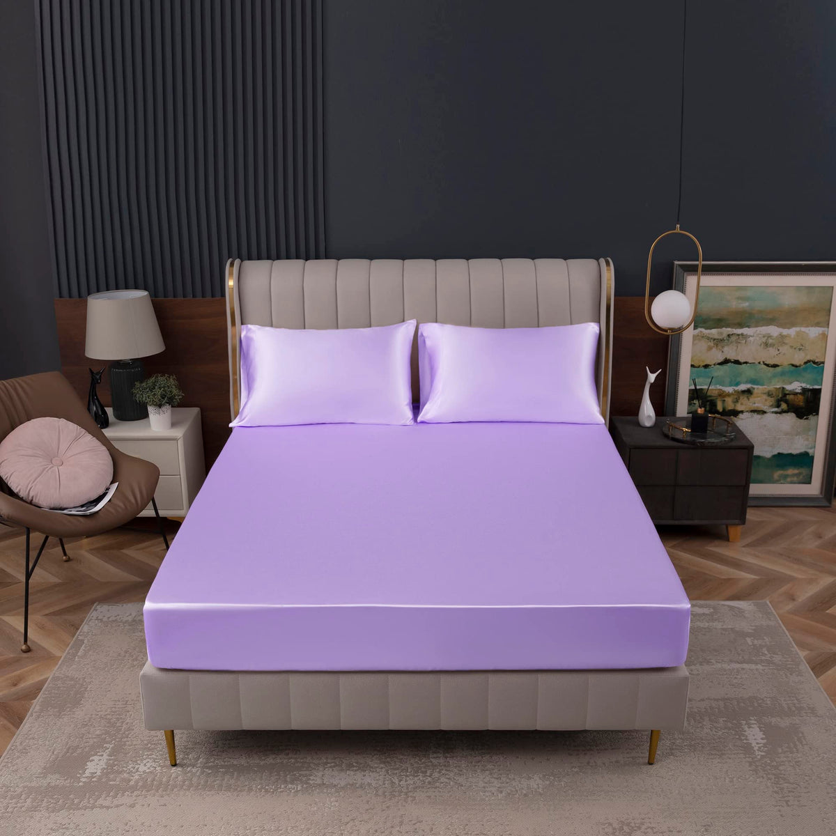 Homiest Lavender Satin Fitted Sheet Twin Size Fitted Bed Sheet, Deep Pocket Fitted Sheet Only, Luxury & Ultra Soft Bedding Fitted Sheet Single Bottom Bed Sheets Sold Separately