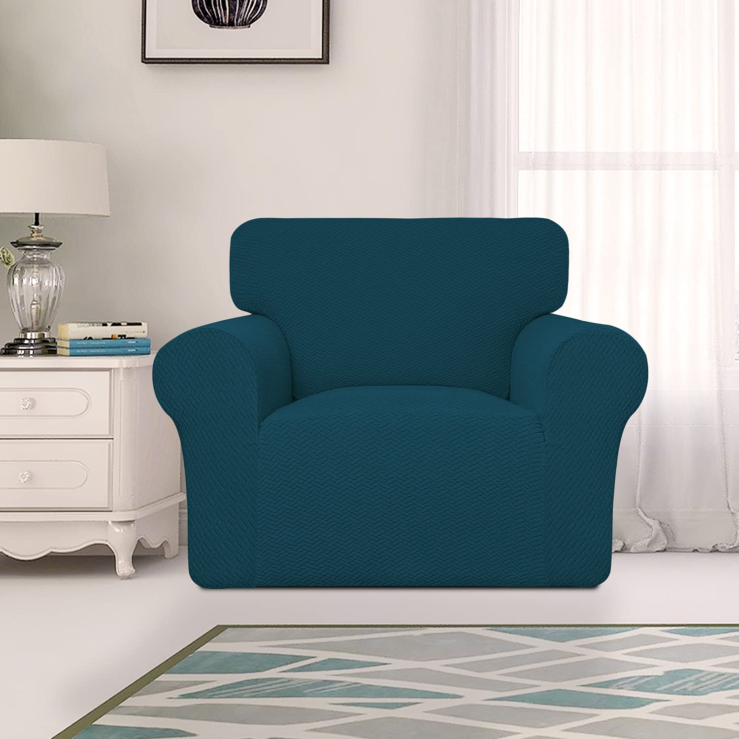 Easy-Going Stretch Jacquard Chair Couch Cover, 1-Piece Soft Sofa Cover, Sofa Slipcover With Anti-Slip Foams, Washable Furniture Protector For Kids, Pets (Chair, Deep Teal)