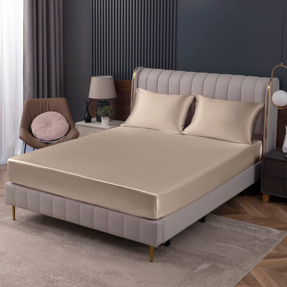 Homiest Taupe Satin Fitted Sheet Full Size Fitted Bed Sheet, Deep Pocket Fitted Sheet Only, Luxury & Ultra Soft Bedding Fitted Sheet Single Bottom Bed Sheets Sold Separately