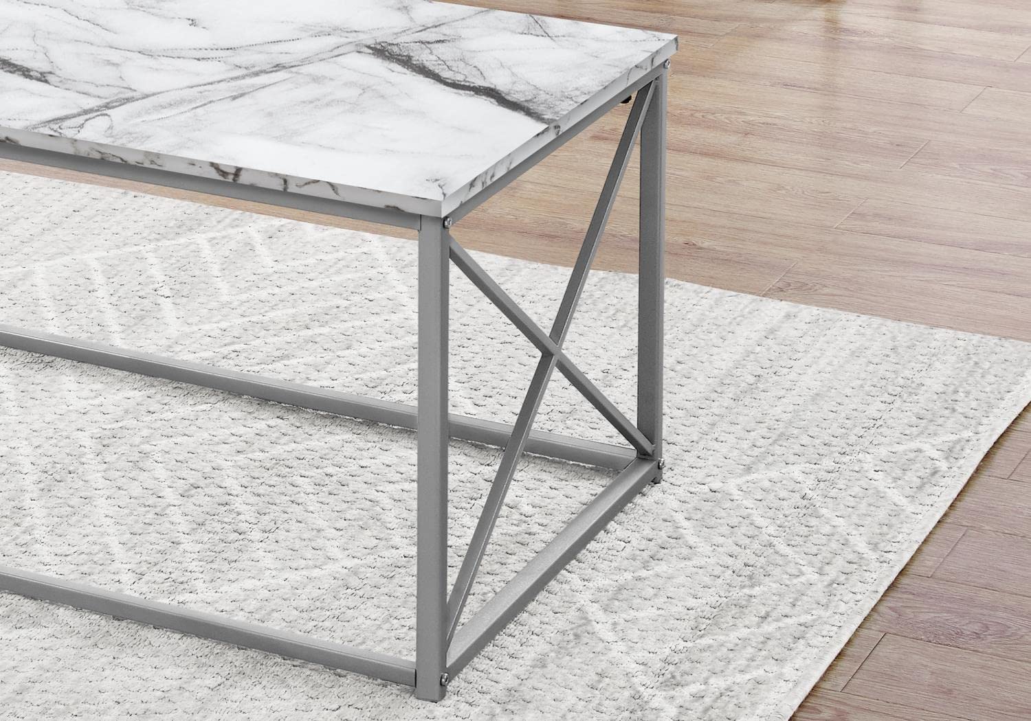 Monarch Specialties I 7953P Table Set, 3pcs Set, Coffee, End, Side, Accent, Living Room, Metal, Laminate, White Marble Look, Grey, Contemporary, Modern