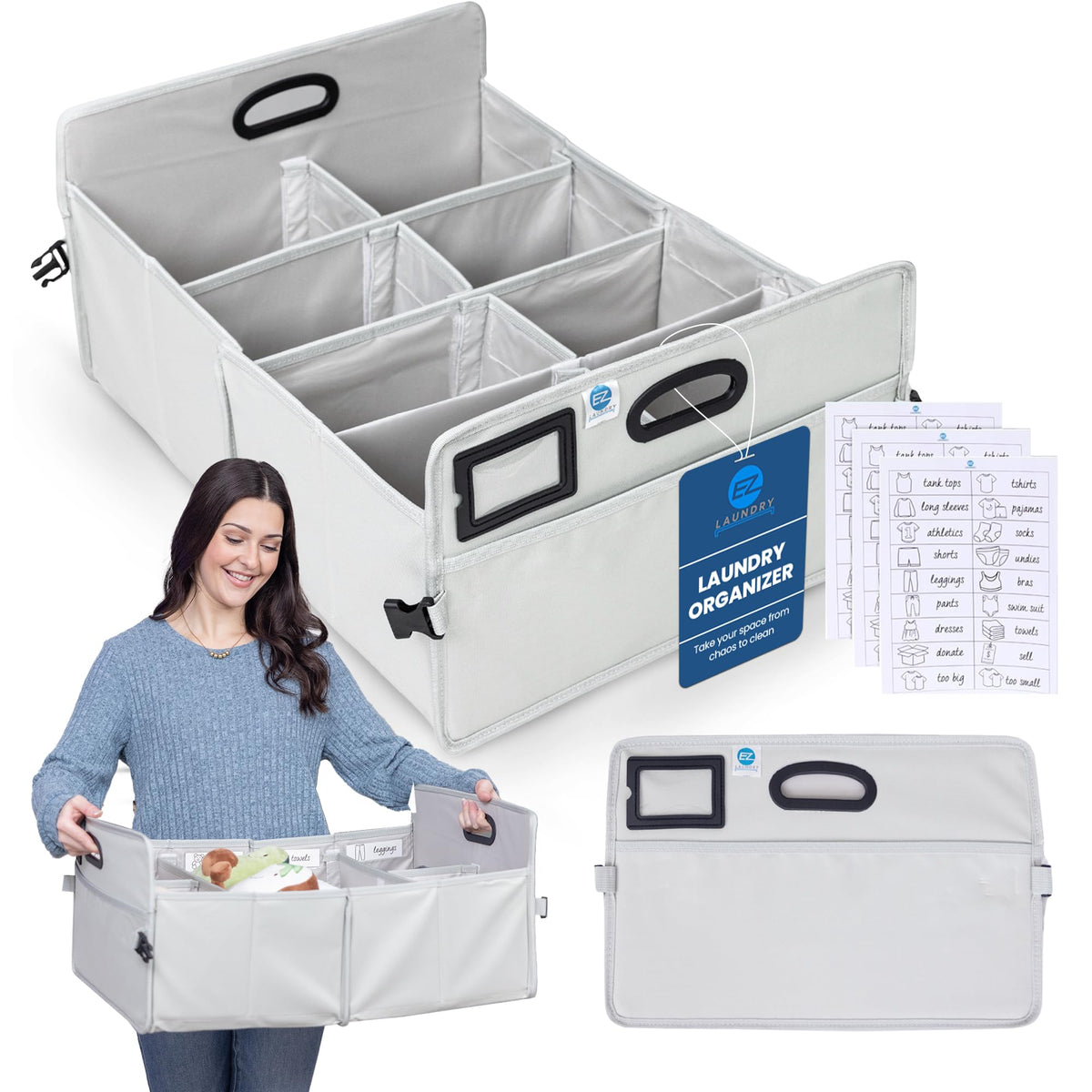 EZ Laundry Collapsible Laundry Tote with Handles 51L  Folding Laundry Basket  Soft Durable Fabric  Removable Customizable Div