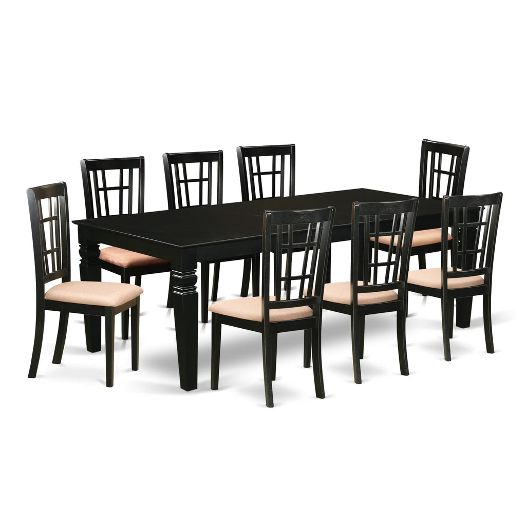 East West Furniture LGNI9-BLK-C 9 Piece Dining Room Furniture Set Includes a Rectangle Kitchen Table with Butterfly Leaf and 8 Linen Fabric Upholstered Chairs, 42x84 Inch, Black