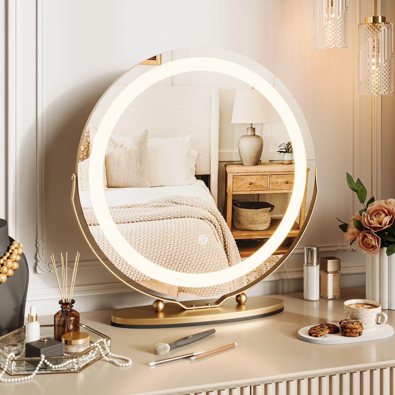 GarveeHome 19 Inch Vanity Mirror with Lights, Round Large LED Vanity Mirror with Smart Touch 3 Colors Dimmable, Touch Lighting, 