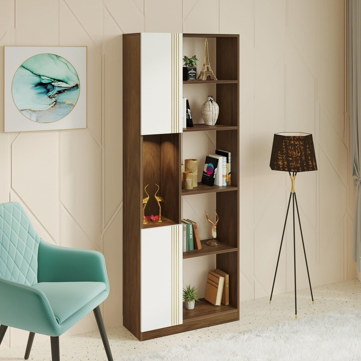 BLUEWUD Orivo Engineering Wood Multipurpose Bookshelf with LED Light, Open Decor wall Display Shelves, Closed Storage Cabinet Ra
