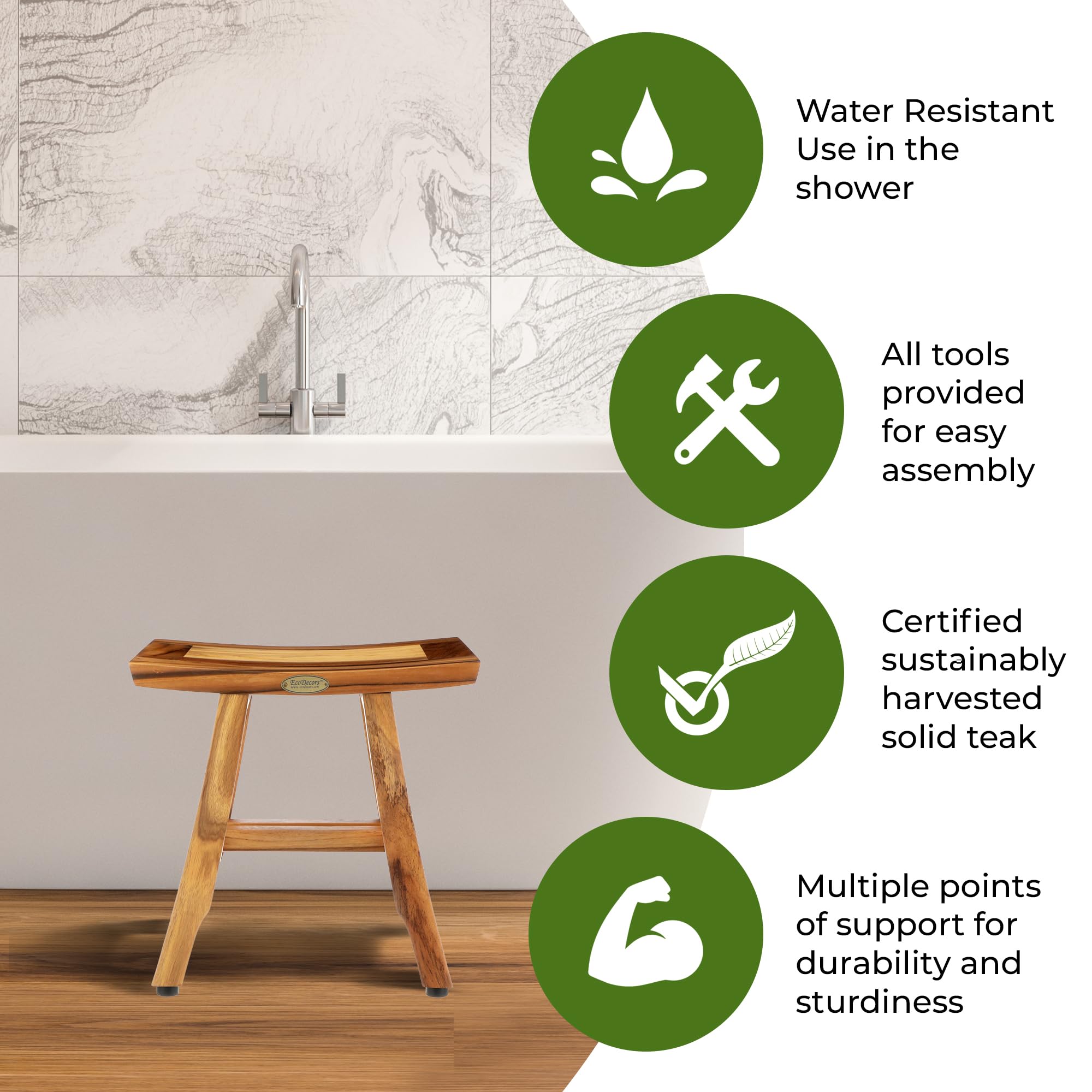Ecodecors, Satori, 14'', Teak Shower Stool, Teak Shower Shaving Foot Rest, Teak Shower Shaving Stool, Small Bathroom Stool, 14 I