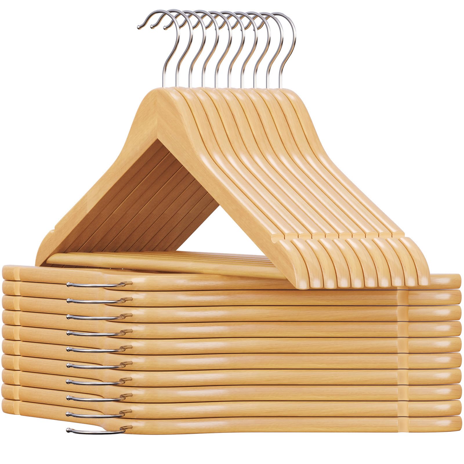 SONGMICS Solid Wood Hangers, 20-Pack Coat Hangers with Shoulder Notches, Pants Bar, 360 Swivel Hook, Non-Slip for Jackets, Shirt
