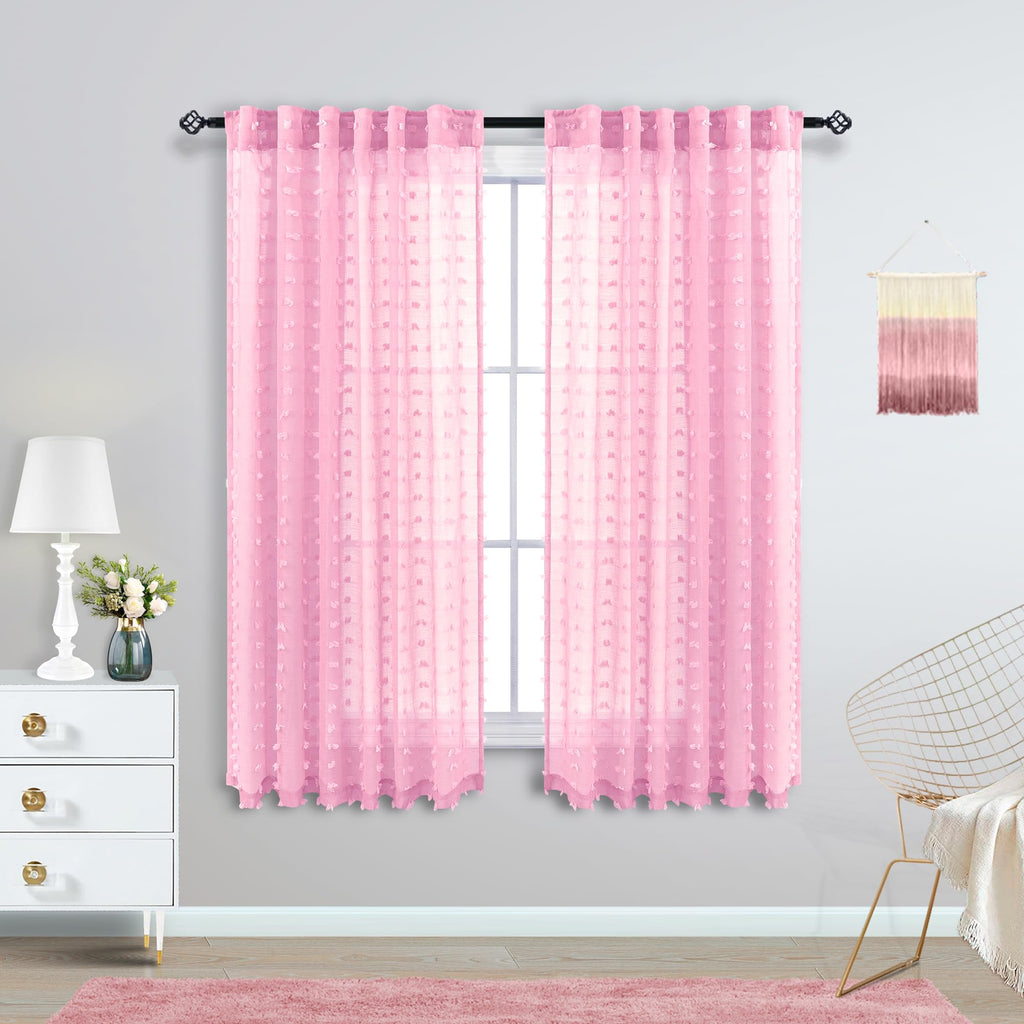 Koufall Pink Curtains 45 Inch Length For Girls Room Bedroom Window,Rod Pocket Back Tab Pom Pom Textured Boho Lace Sheer Curtains For Kitchen Bathroom Windows