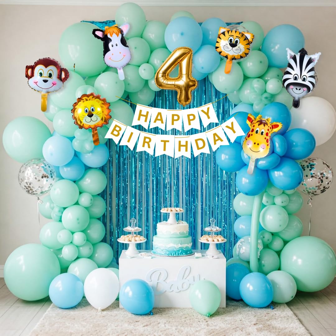 KIDZILO 57 Pcs Jungle Safari Animal Birthday Decoration Kit, Banner, Foil Curtains, Number Balloon, for 1st to 10th BDay (4th Bi
