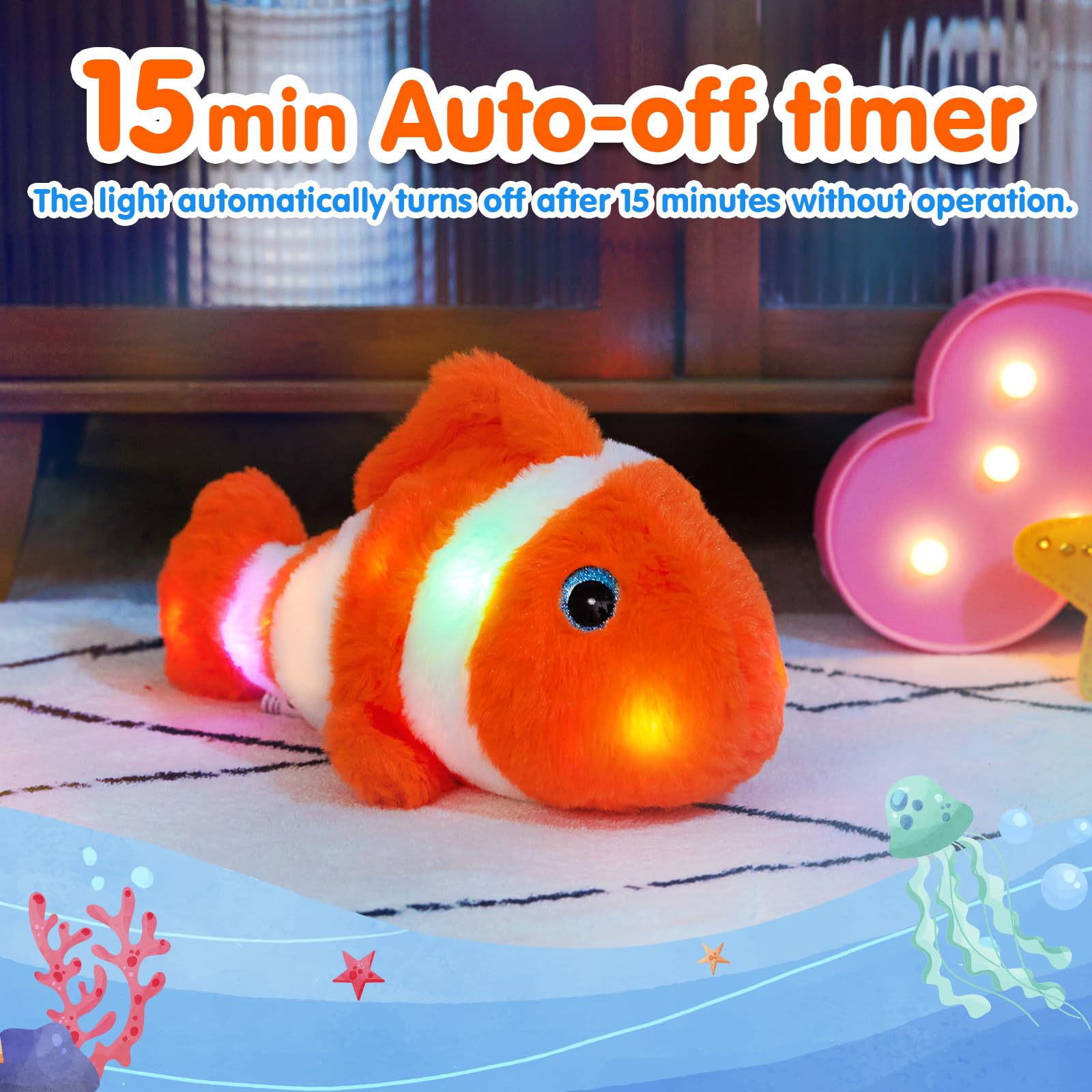 Glow Guards 12" Glowing Goldfish Plush - Soft Cotton Light Up Stuffed Animal Pillow for Kids, Birthday Gift, Fish Color