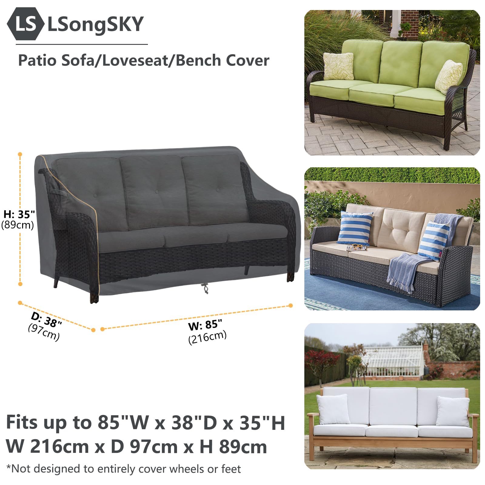Lsongsky Patio 3-Seater Sofa Cover,Outdoor Couch Cover Fits Up To 85W X 38D X 35H Inches,100% Waterproof Heavy Duty Patio Furniture Covers,Black