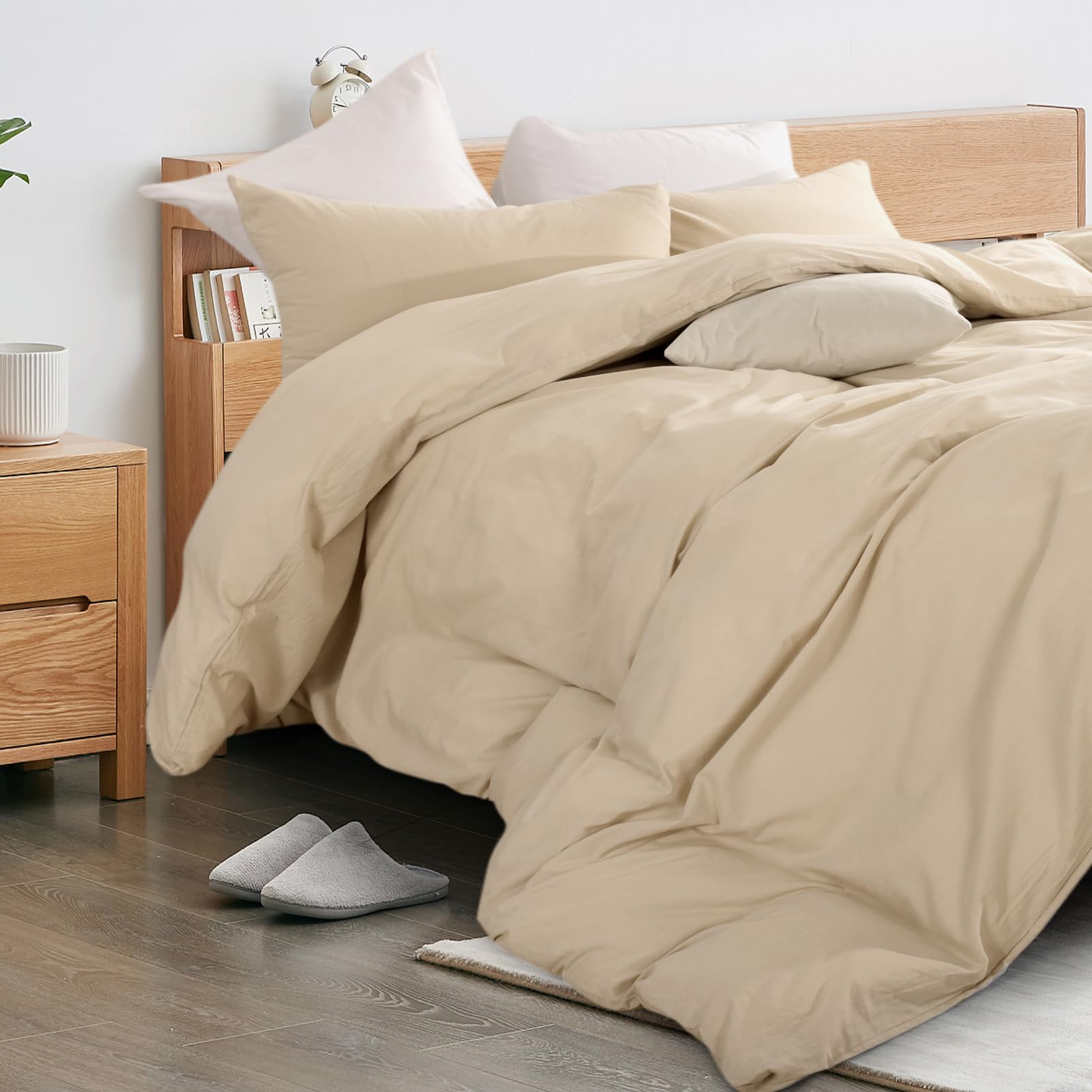 Nexhome Pro 100% Washed Cotton Duvet Cover Super King 108'X98' Linen Look Textured Organic Natural 3 Pieces Bedding Set With Zipper Closure, Breathable, Soft, Beige (No Comforter)