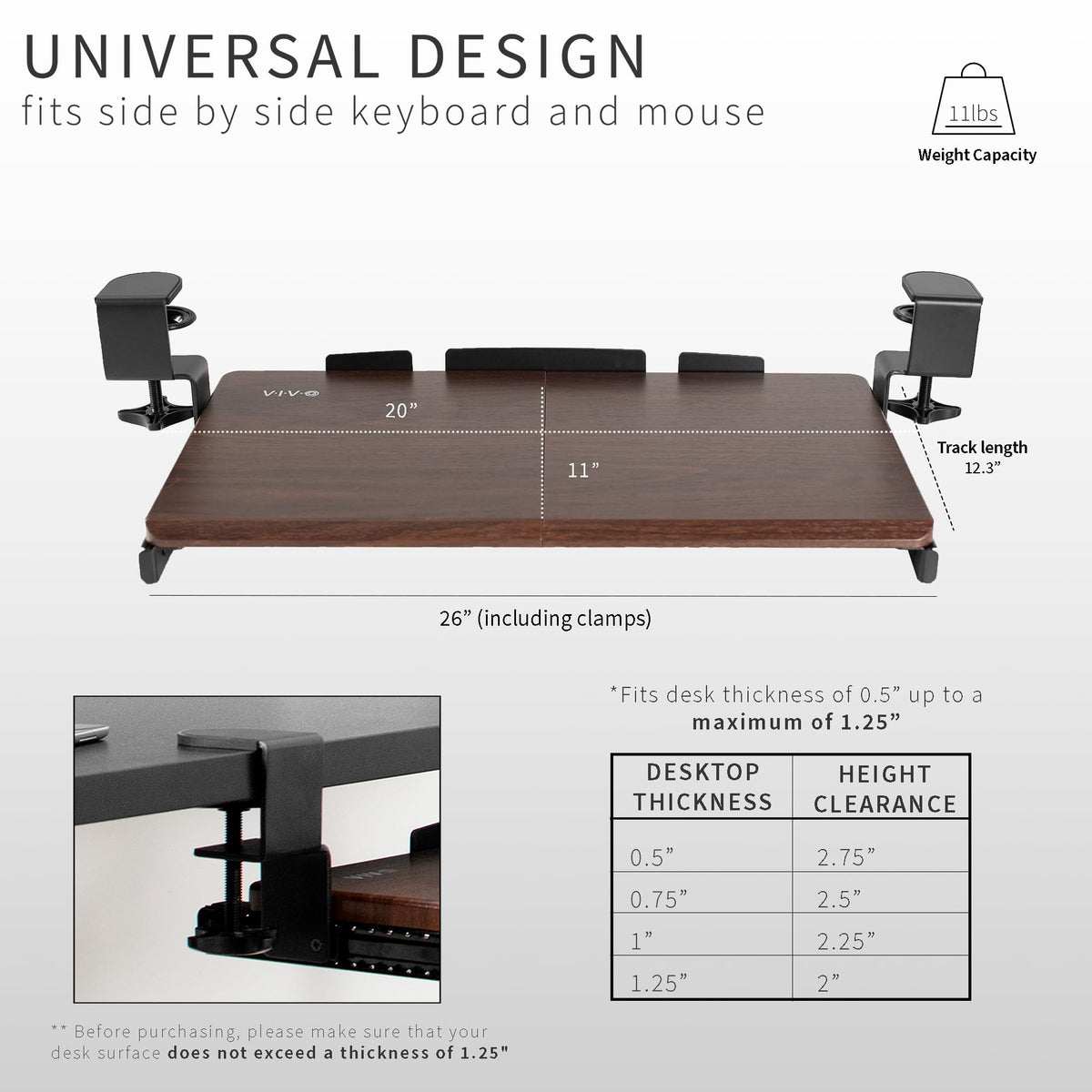 Vivo Small Clamp-On Computer Keyboard And Mouse Under Desk Slider Tray, 20 X 11 Inch Pull Out Platform Drawer, Dark Wood, Mount-